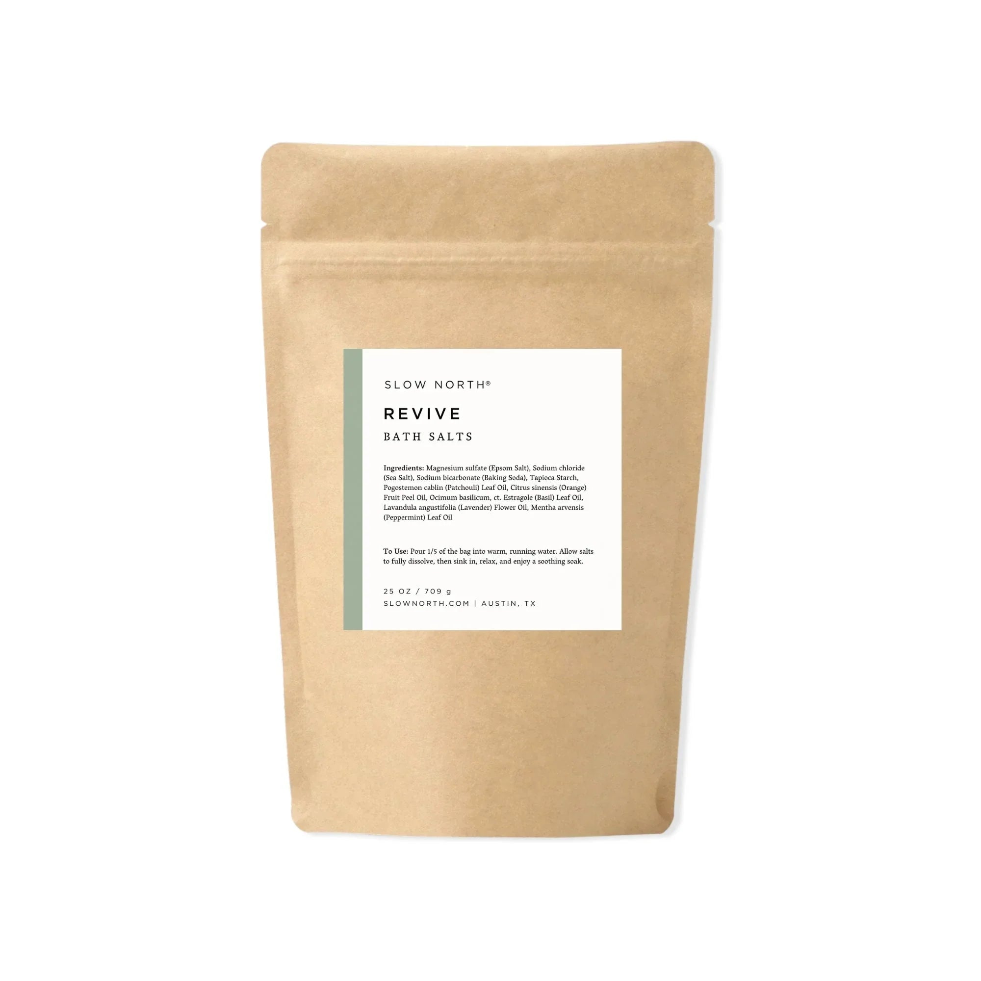 Slow North Revive bath salts bag with minimalist label, featured at Qu!rk Boutique