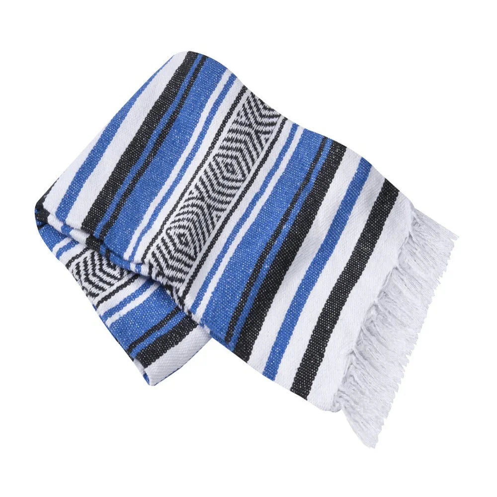 Royal blue, black, and white striped fringed scarf from Qu!rk Boutique & Gift Shop