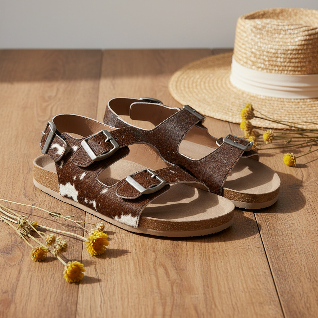 Pair of sandals with cowhide pattern and metallic buckles on a white background