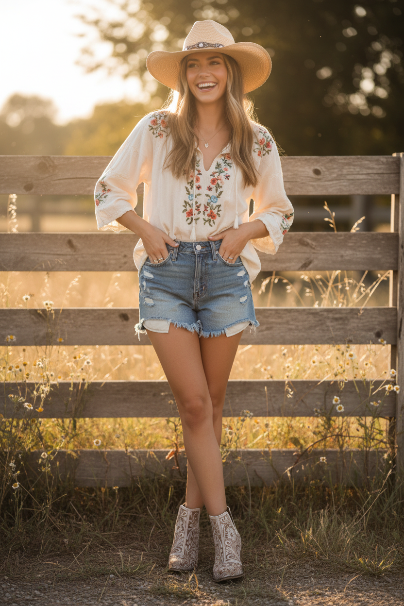 Pair of brown ankle boots with intricate white floral patterns on a white background