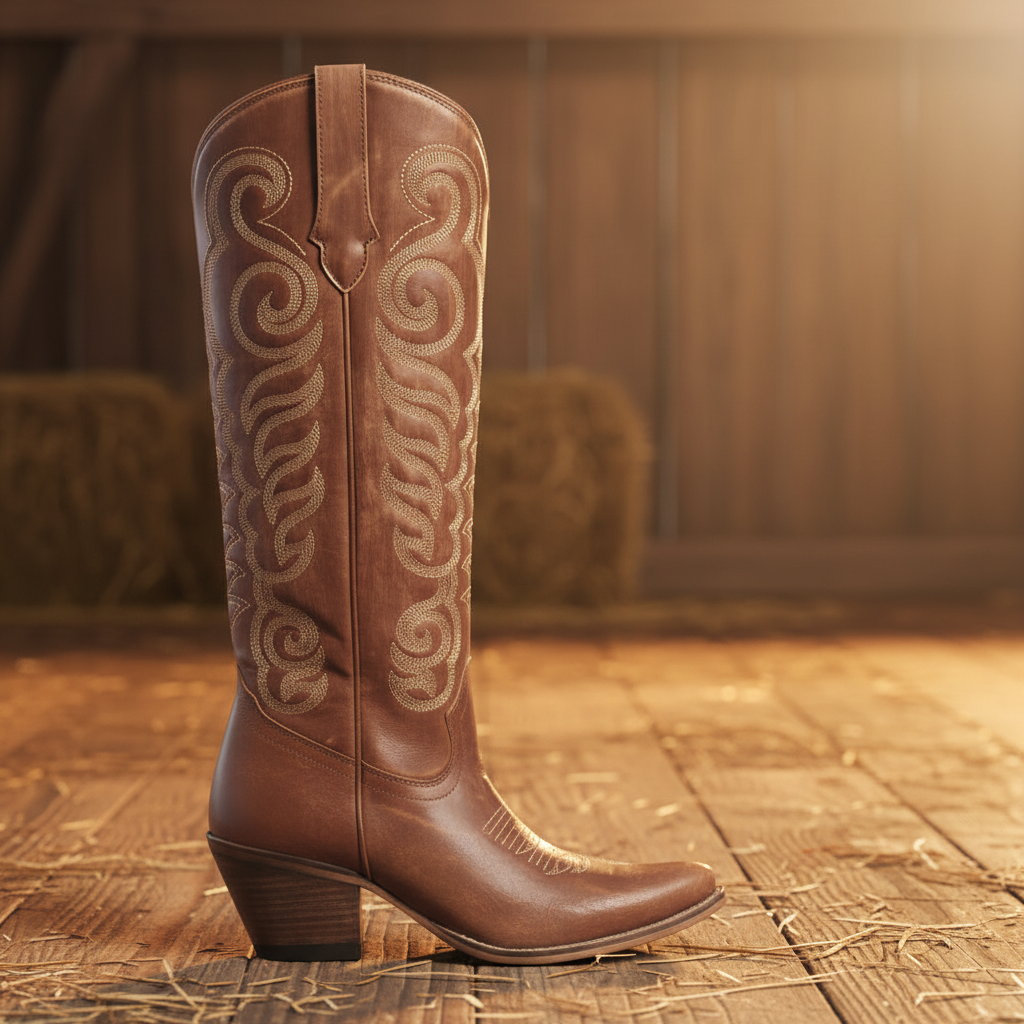 Brown cowboy boot with intricate white embroidery on a white background