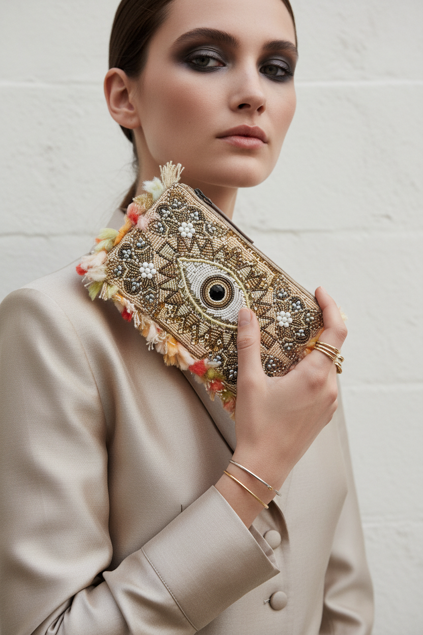 Myra Eye of the Storm Beaded Pouch in Gold Gaze