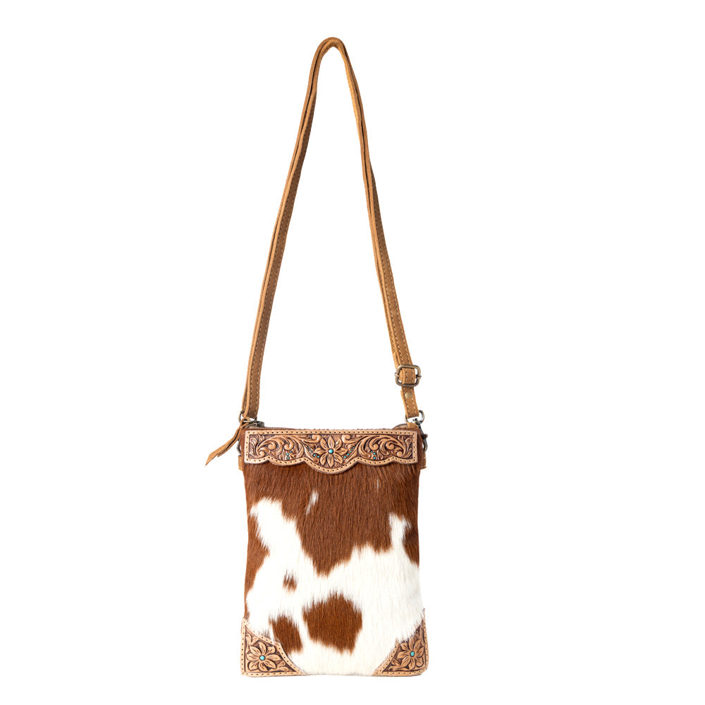 Myra Calico Hairon Crossbody Bag for Women in brown with hairon and handtooled detail