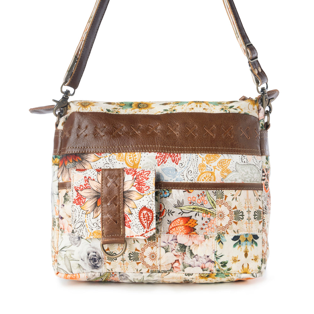 Myra Posy Mesa upcycled canvas Bag for Women in beige with floral detail