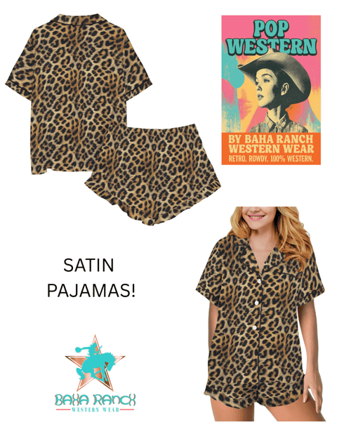 Baha Ranch Retro Pop Western Wild Leopard Satin Pajamas - Qu!rk Boutique