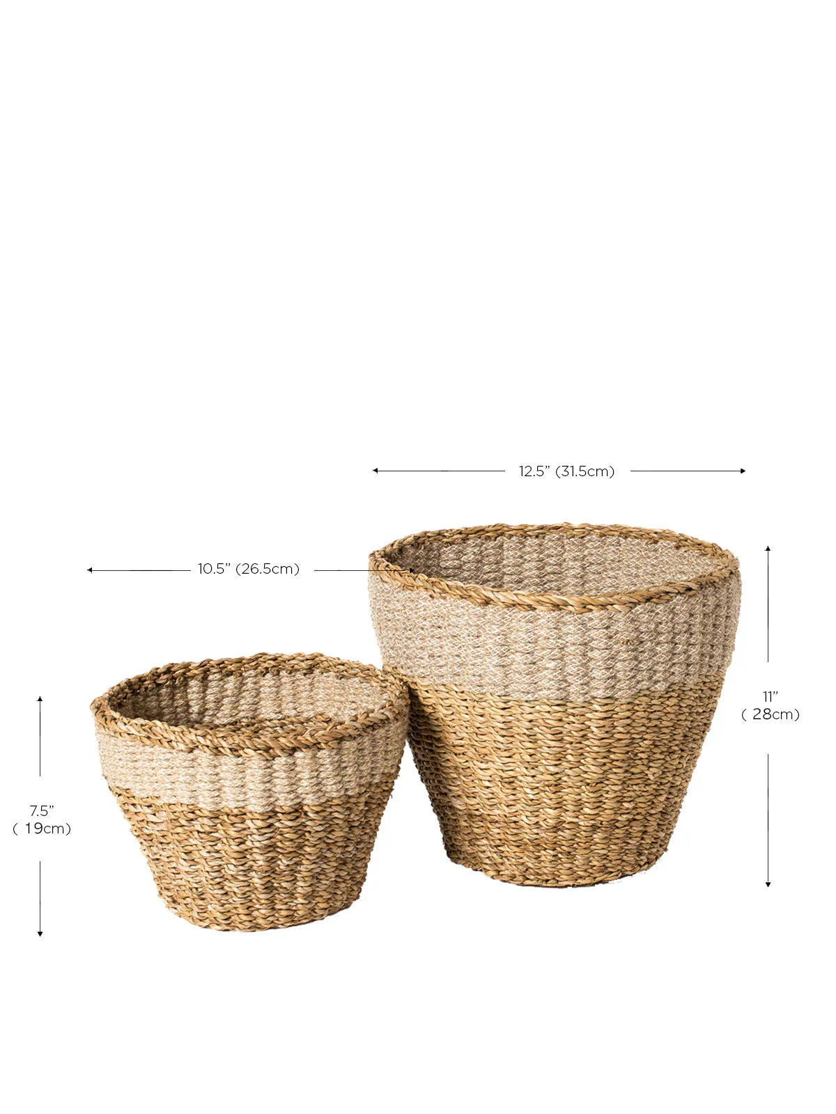 Set of two woven seagrass planters with size measurements, sustainable home décor