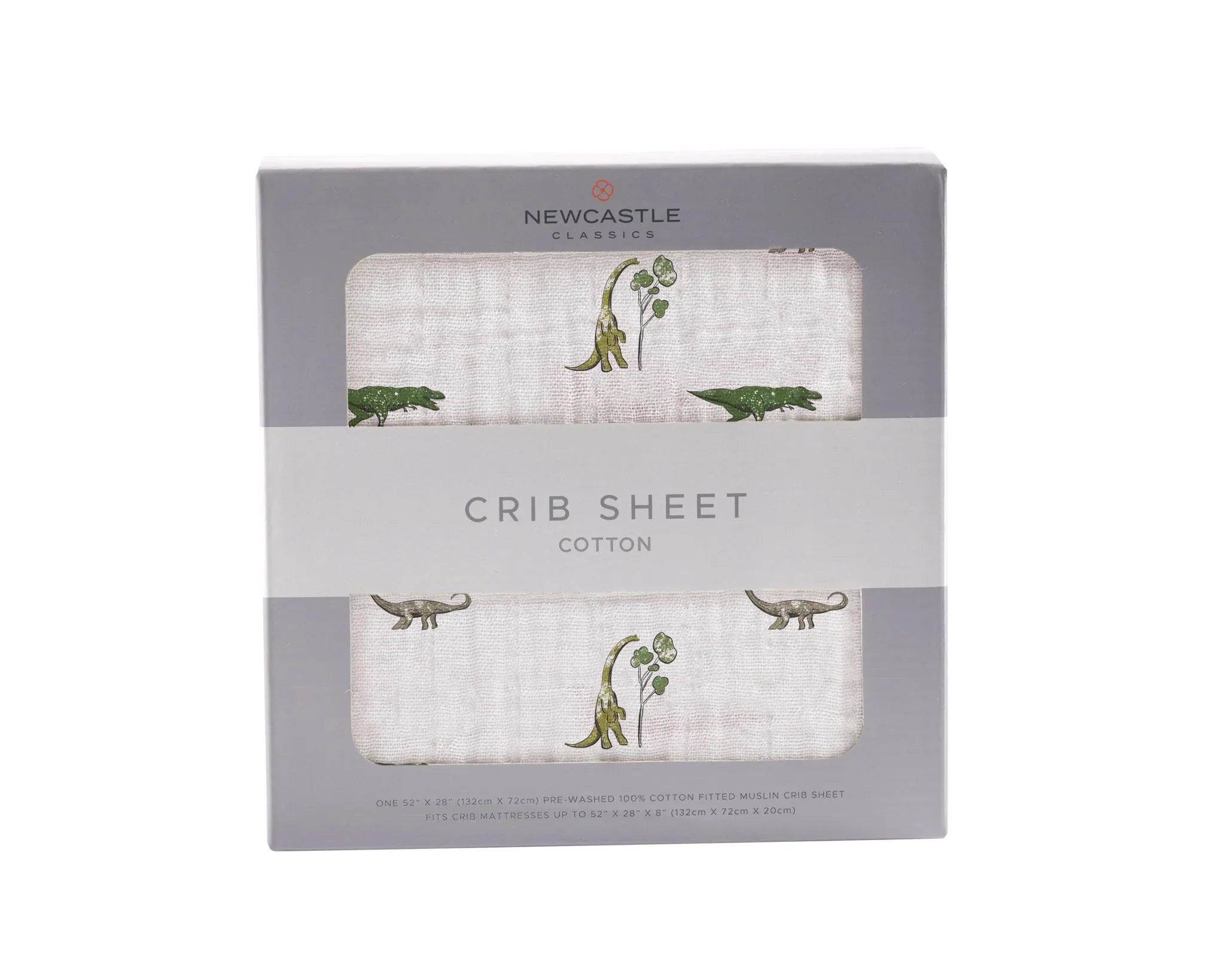 Newcastle Classics cotton crib sheet with cute green dinosaur print in gift box packaging.
