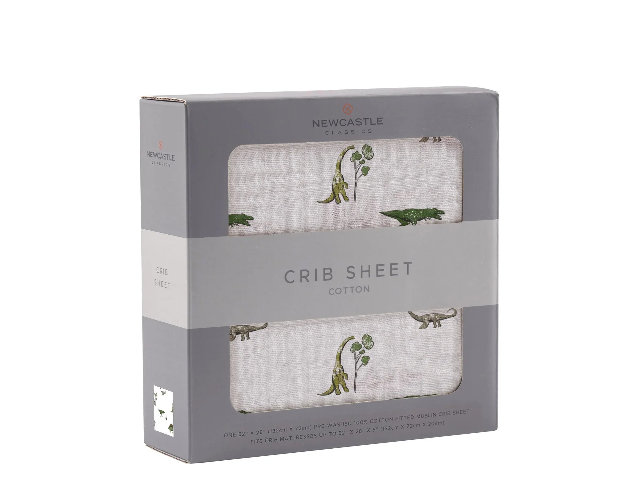 Newcastle Classics cotton crib sheet with green dinosaur print, boxed, sustainable baby bedding at Qu!rk Boutique