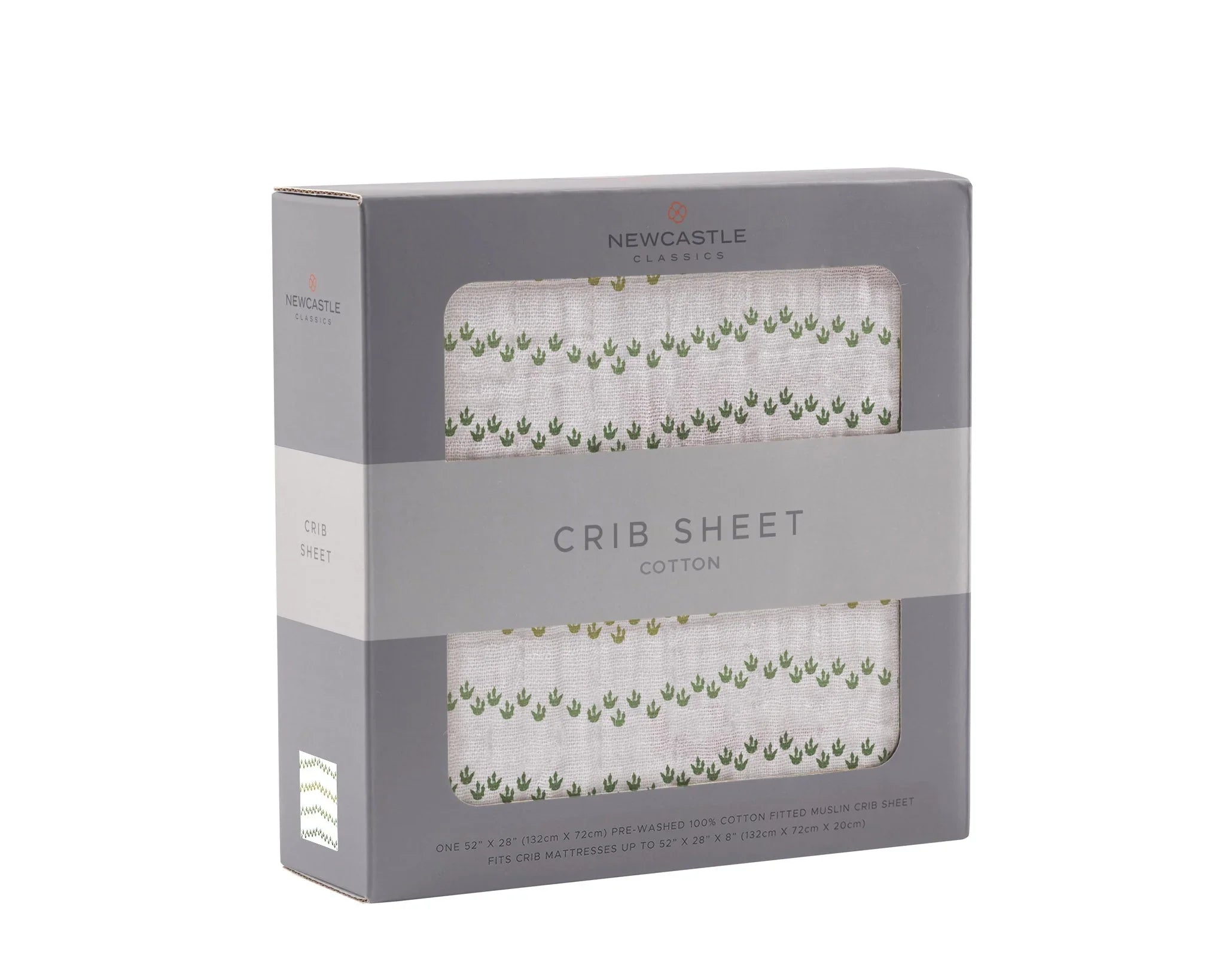 Newcastle Classics cotton crib sheet in gray box with green plant pattern, gift-ready.