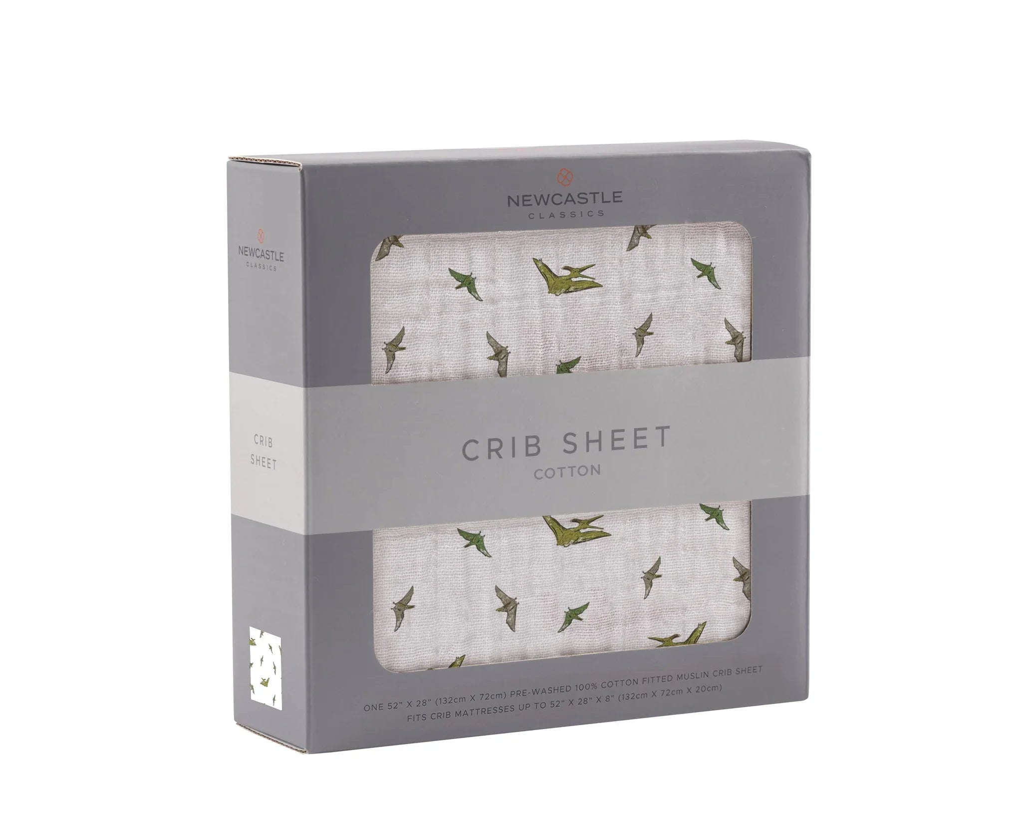 Newcastle Classics cotton crib sheet in gift box, featuring green bird pattern