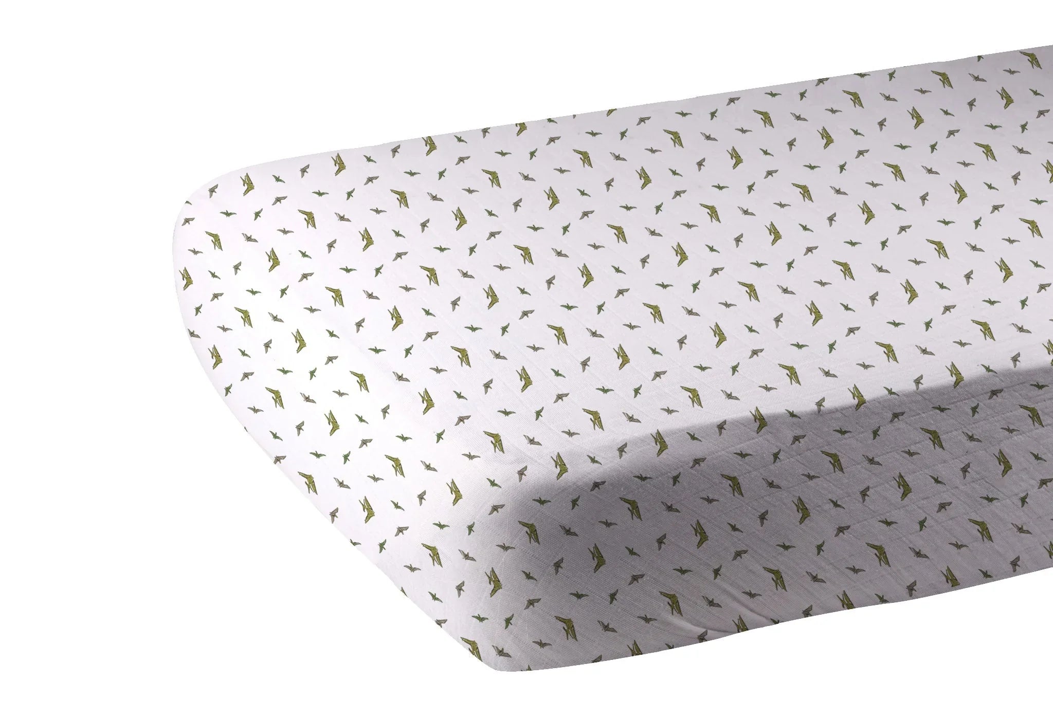 Fitted crib sheet with green bird pattern on white, sustainable baby bedding at Qu!rk Boutique