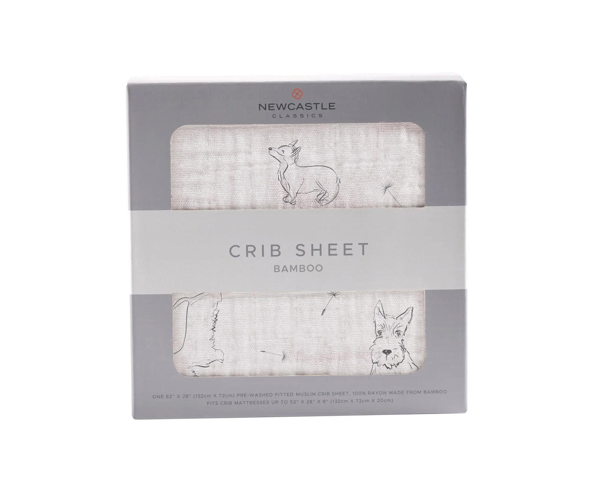 Newcastle Classics bamboo muslin crib sheet with dog illustrations in gift box at Qu!rk Boutique