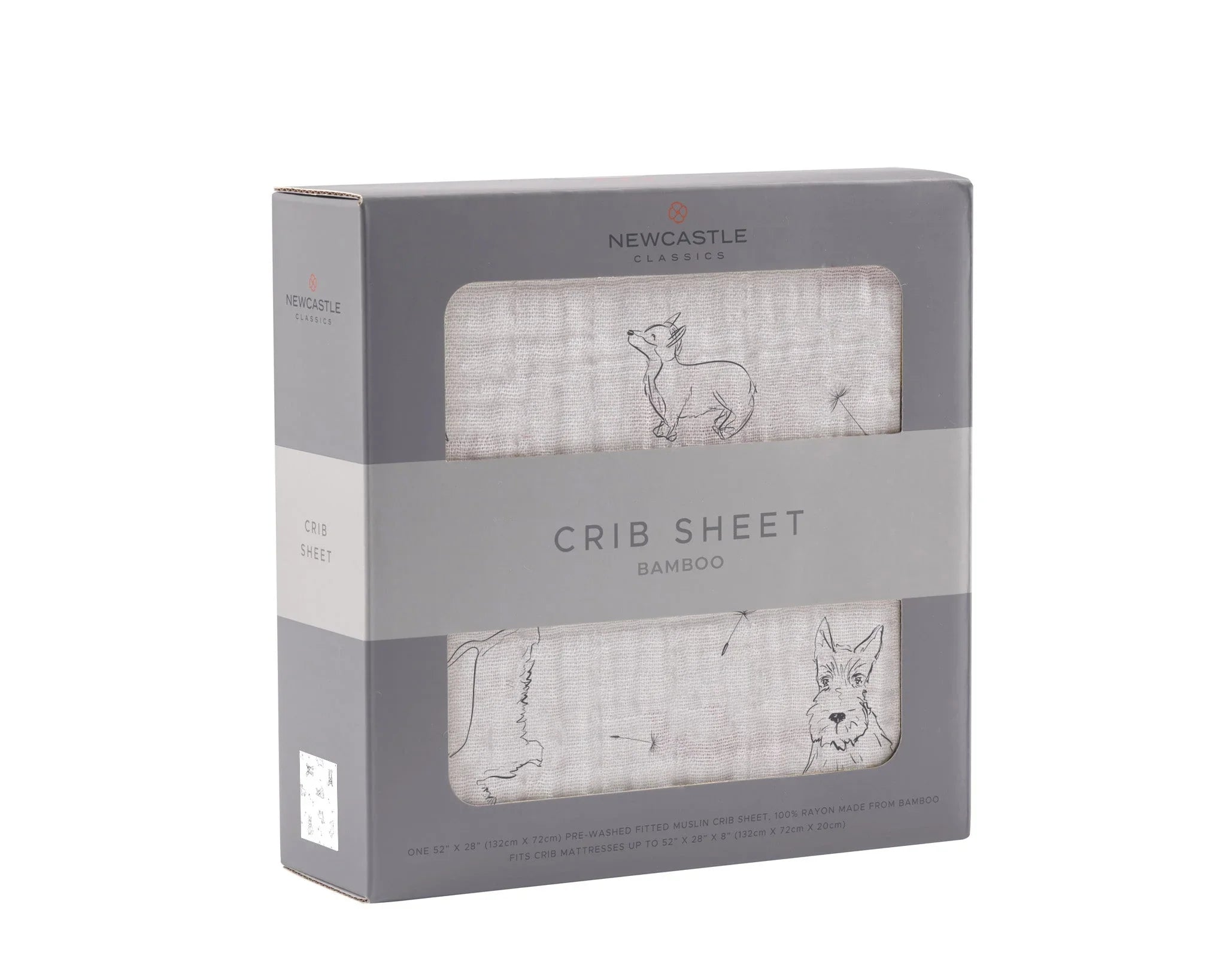 Newcastle Classics bamboo crib sheet in gift box with sketch dog pattern, Qu!rk Boutique