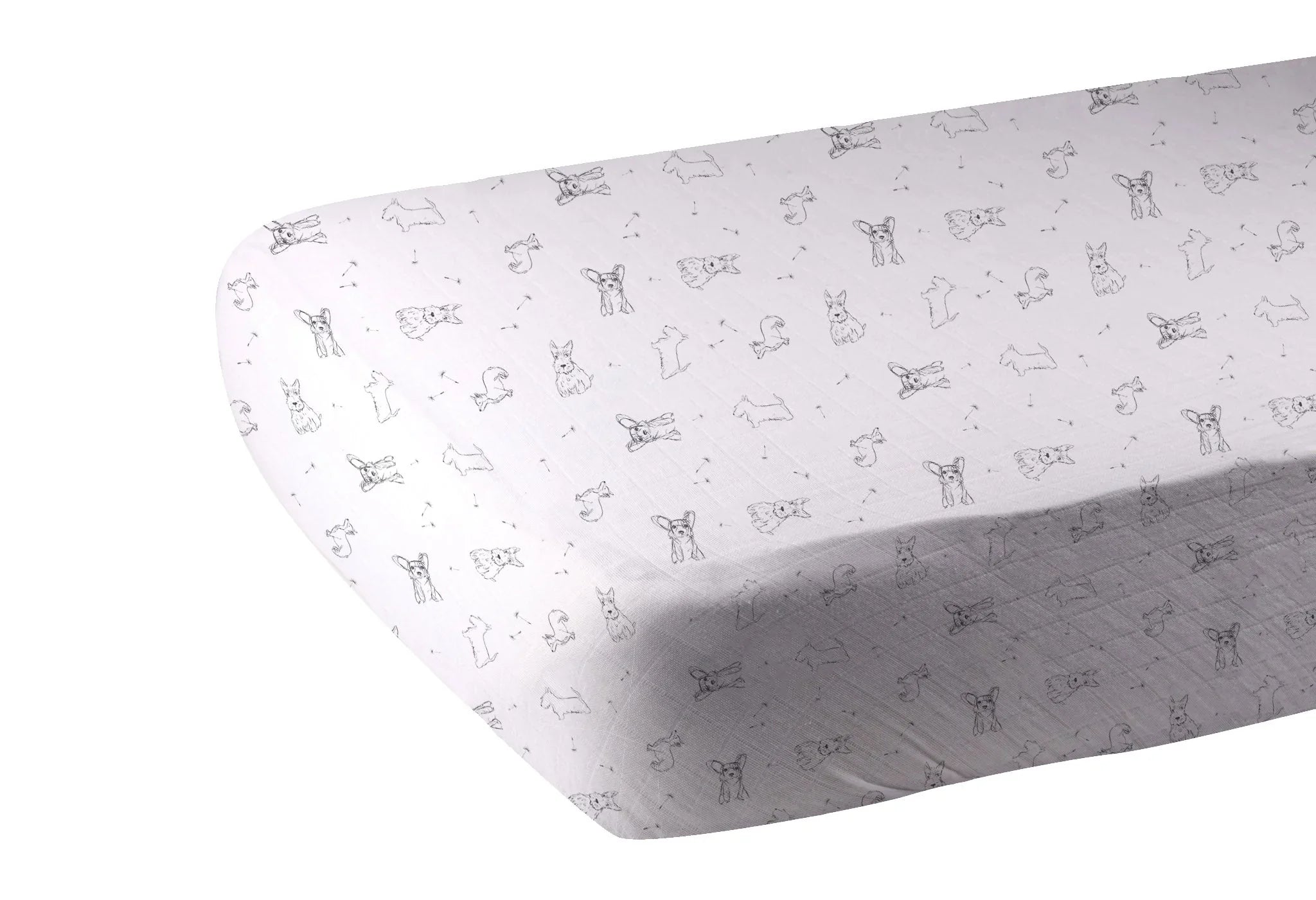 White fitted crib sheet with black outlined dog sketches, artist-designed, Qu!rk Boutique