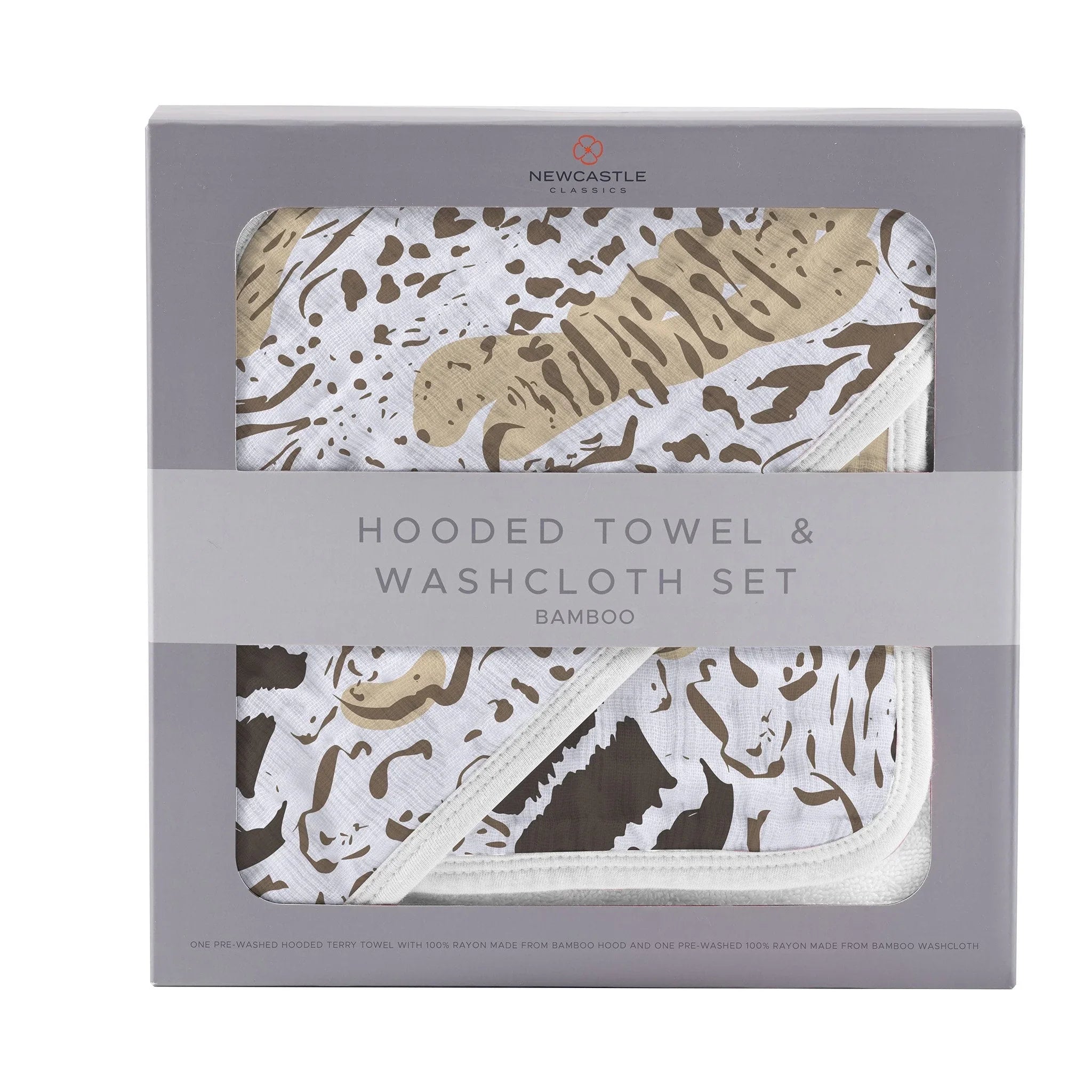 Bamboo hooded towel and washcloth set in animal print, eco-friendly baby gift from Qu!rk Boutique