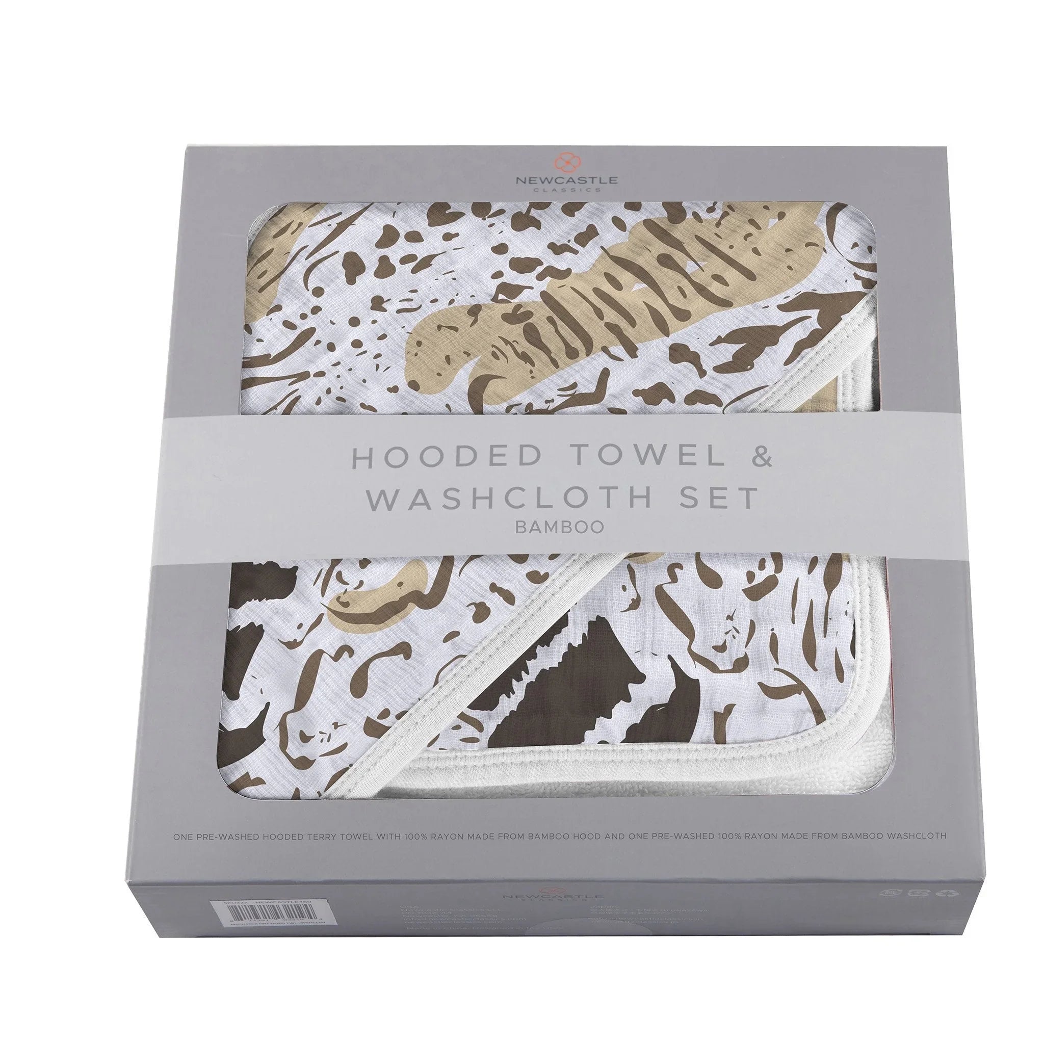 Newcastle hooded towel and washcloth set in bamboo, neutral animal print, boxed packaging