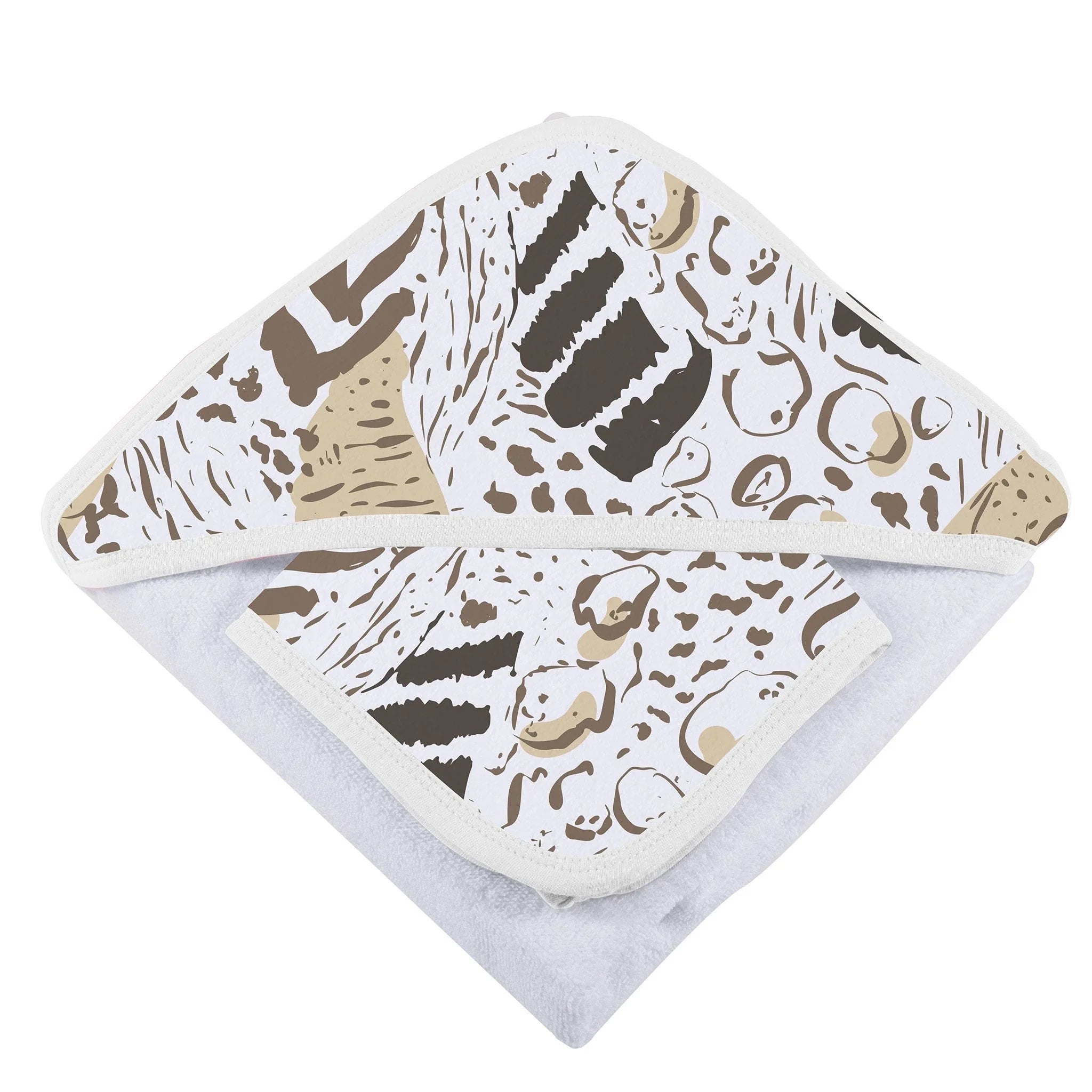 Artist-designed hooded towel with abstract beige and brown animal print, Qu!rk Boutique