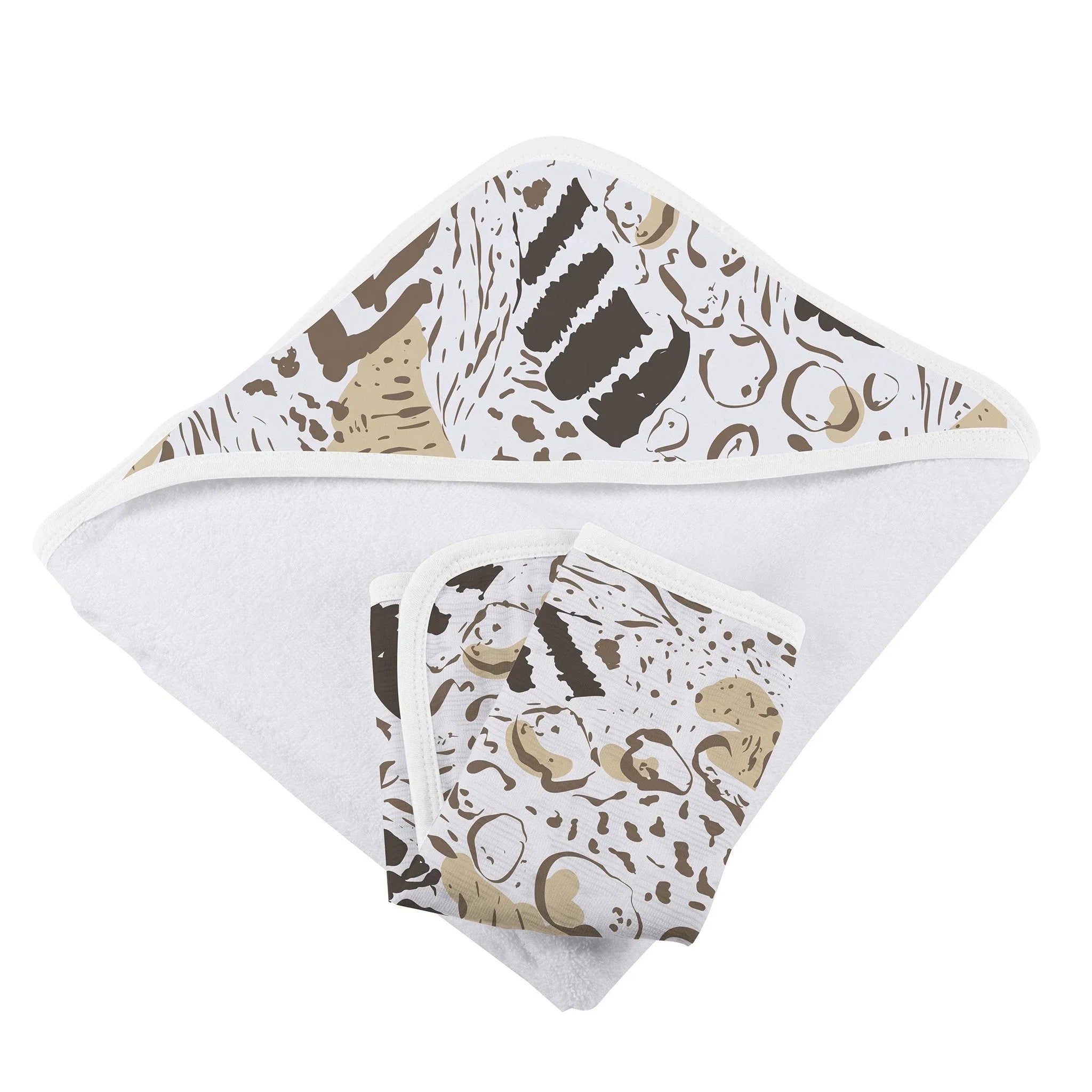 White hooded baby towel set with abstract beige and brown animal print, Qu!rk Boutique exclusive.