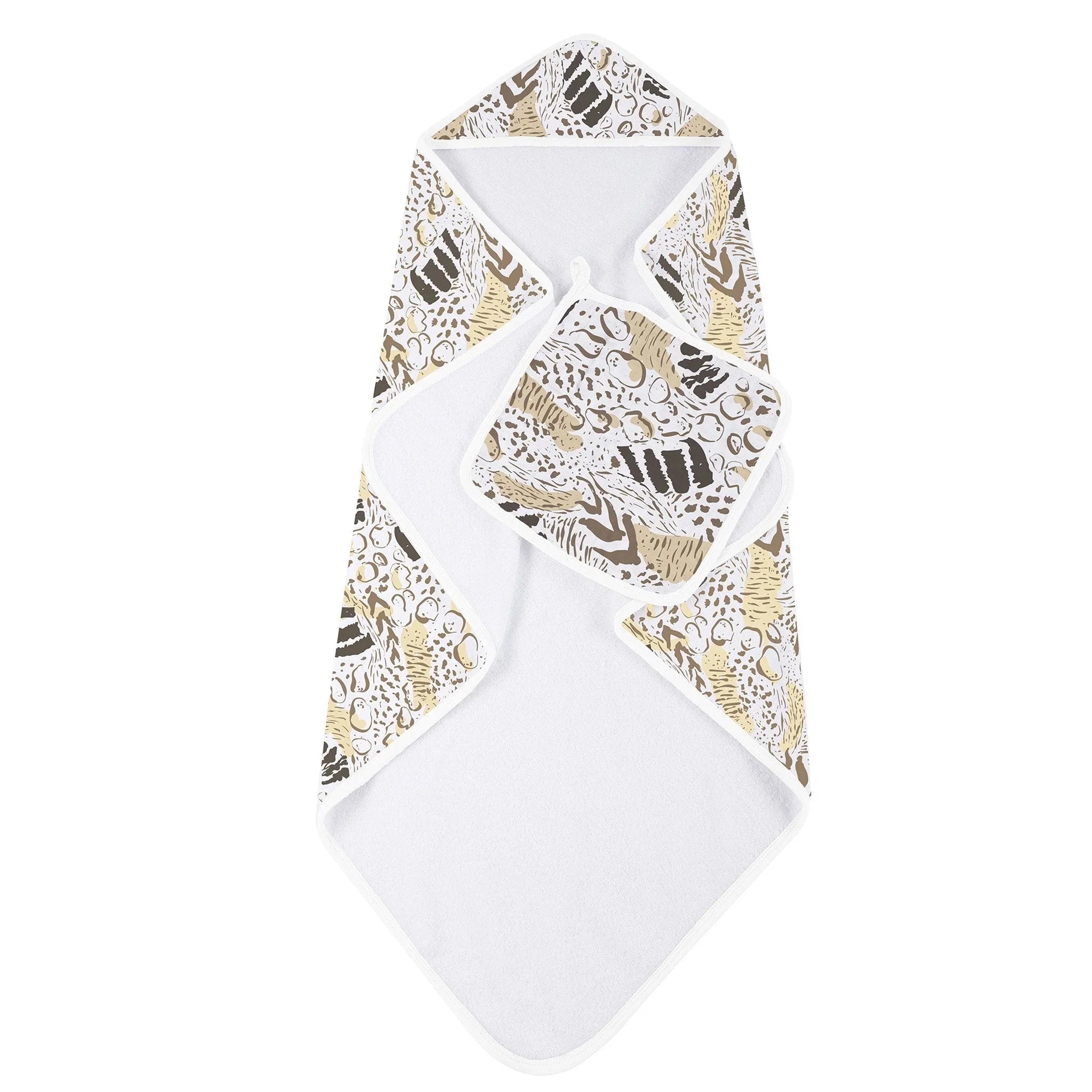 White hooded baby towel with beige animal print trim and matching washcloth from Qu!rk Boutique