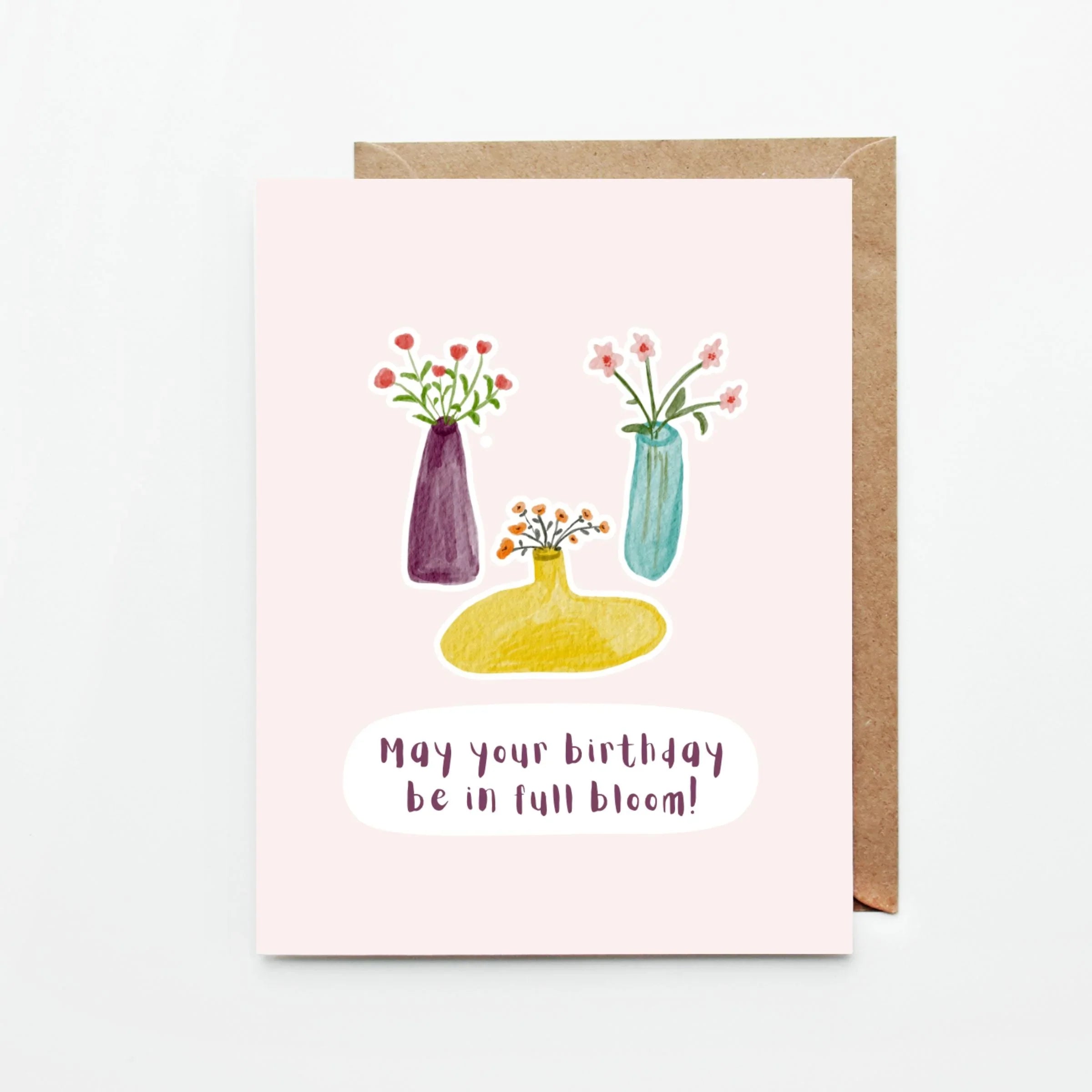 Birthday card with watercolor vases and flowers, text May your birthday be in full bloom