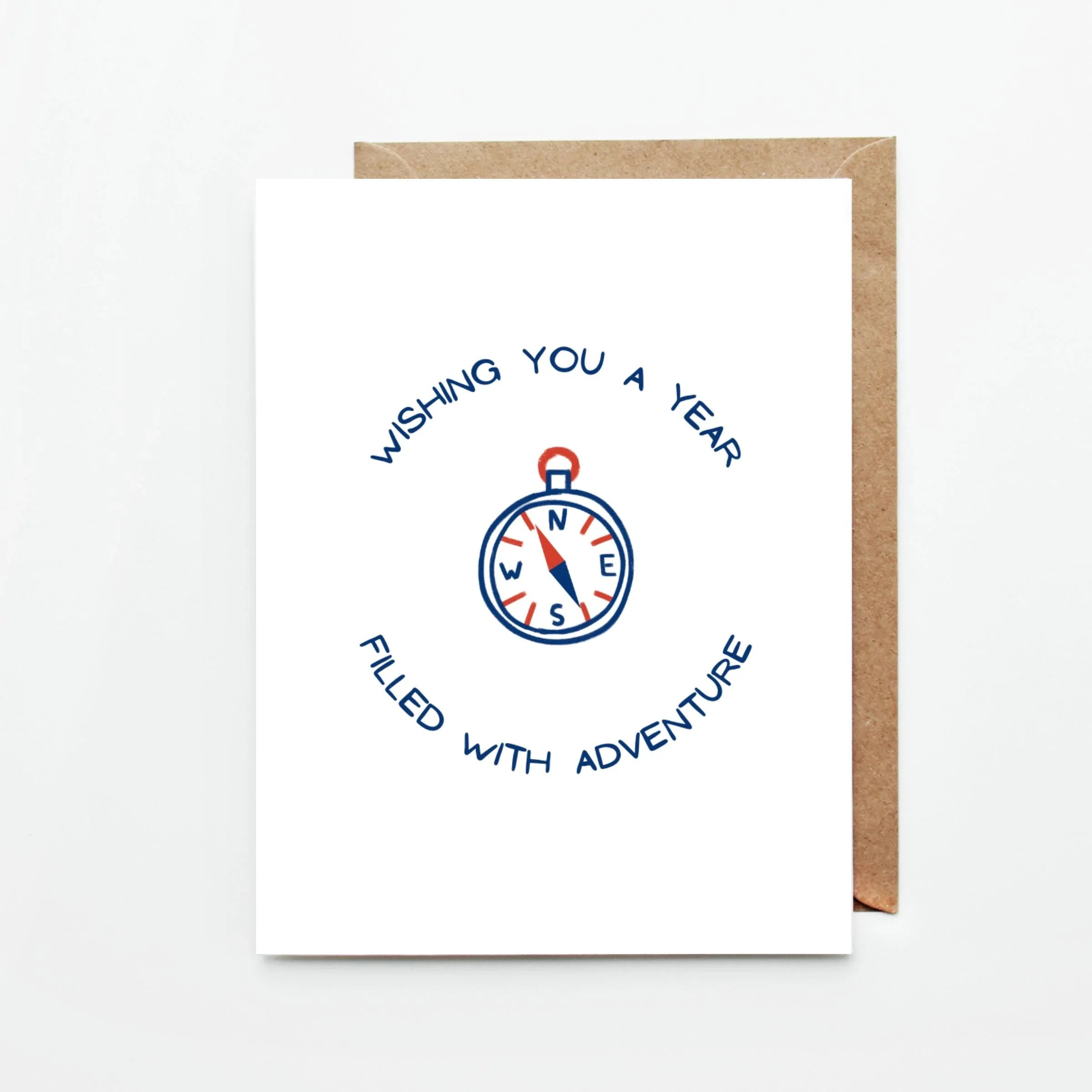 Greeting card with a compass illustration and 'Wishing you a year filled with adventure' text