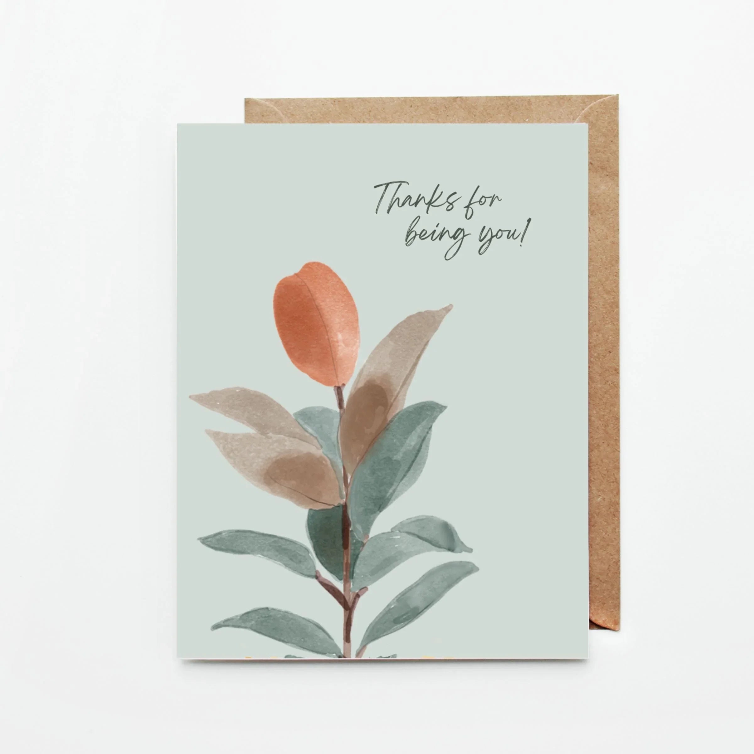 Minimalist thank you card with watercolor plant illustration and text "Thanks for being you!"