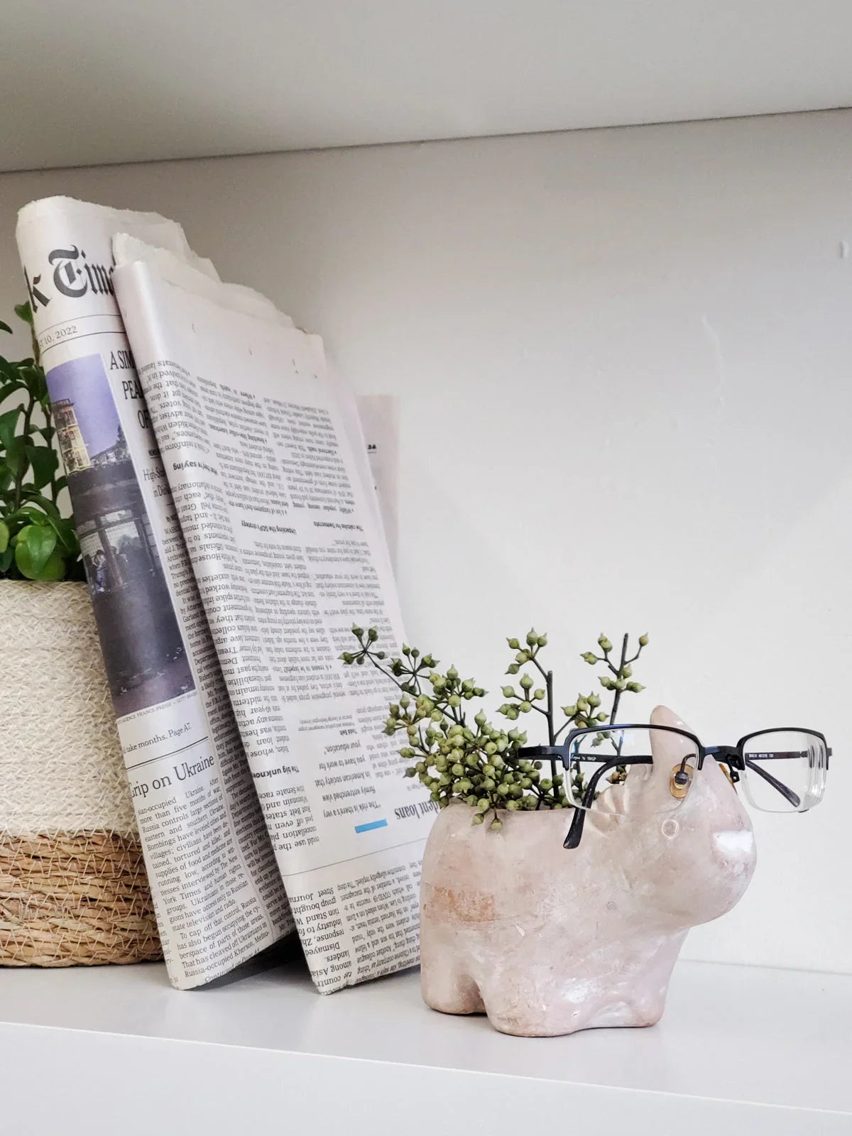 Rhino-shaped terracotta planter with greenery and eyeglasses on a white shelf next to folded newspapers