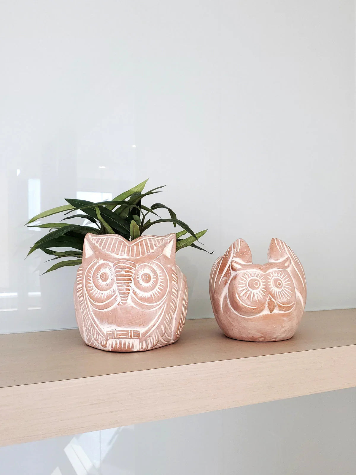 Two terracotta owl-shaped planters on a wooden shelf, one with green plant leaves