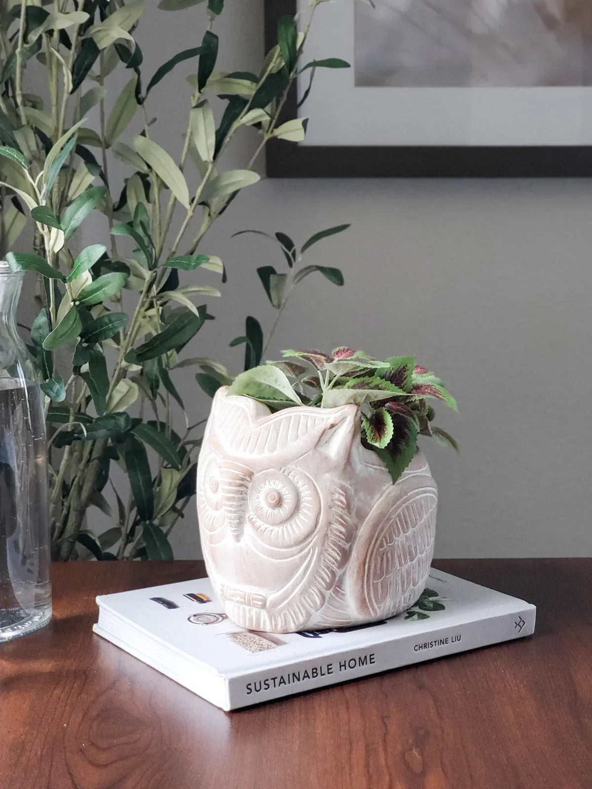 Terracotta owl-shaped planter with green and purple leafy plant on book titled Sustainable Home