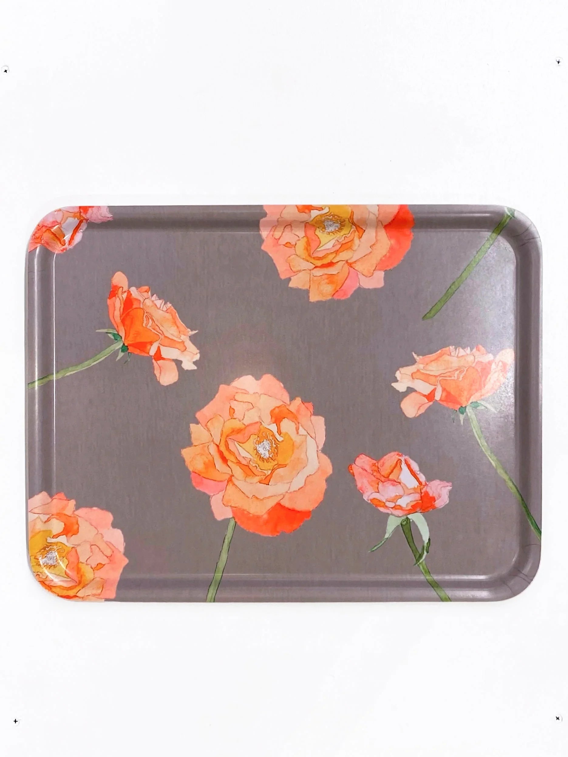 Rectangular serving tray with peach rose floral design on gray background