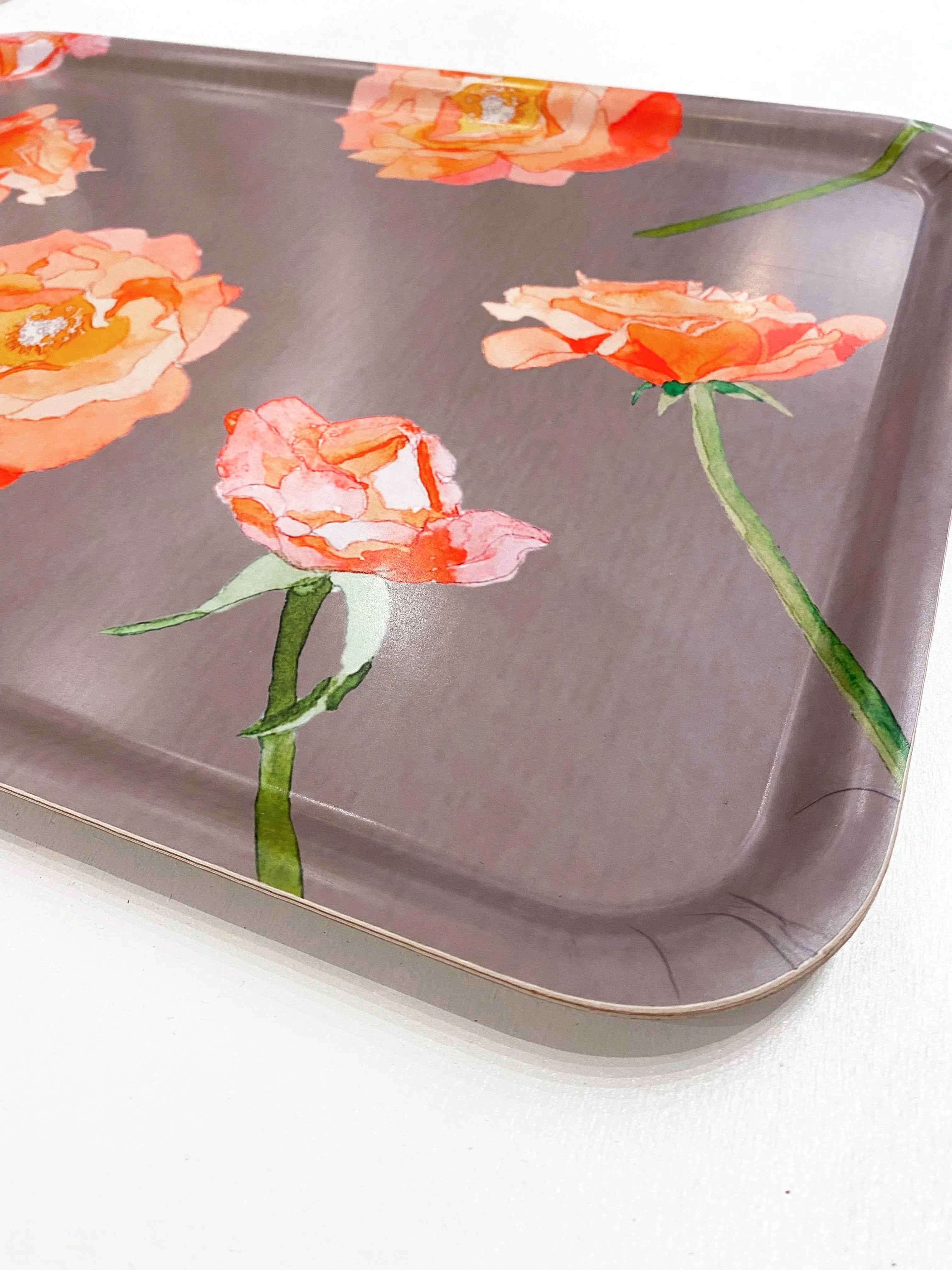 Rectangular serving tray with a muted purple background and peach rose floral design