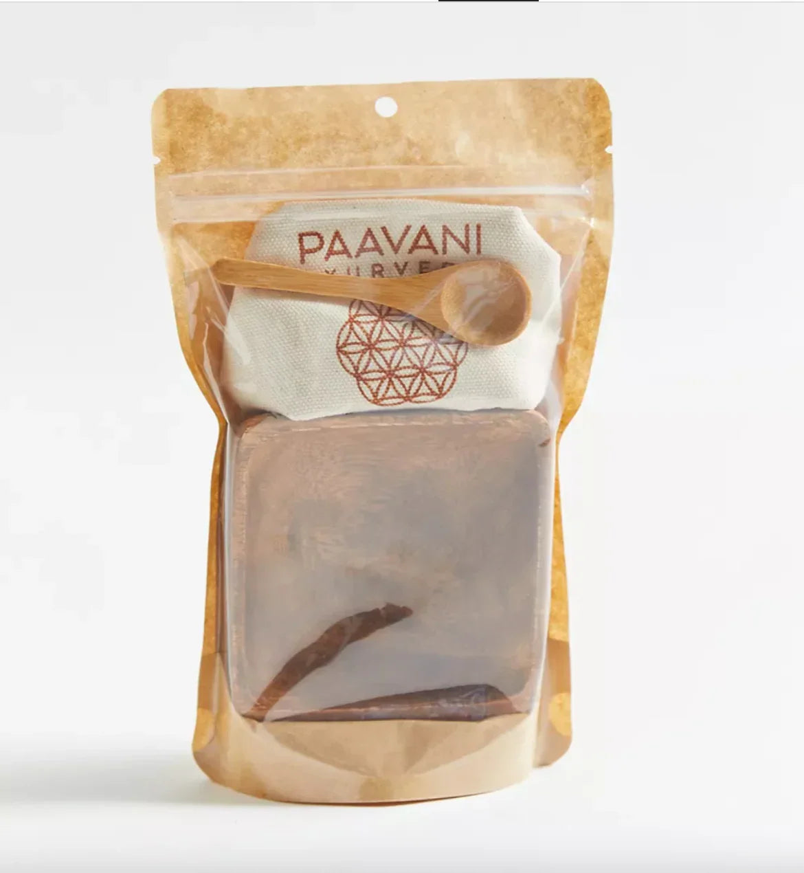 Paavani Ayurveda natural skincare set with wooden spoon and pouch in eco-friendly stand-up pouch