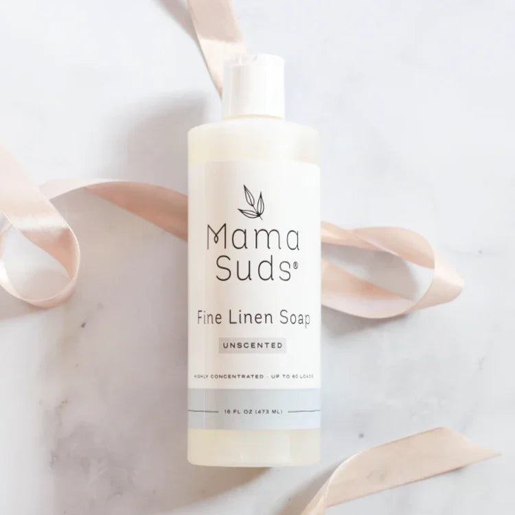 Mama Suds Fine Linen Soap unscented bottle on marble background with ribbon, Qu!rk Boutique eco-friendly gift
