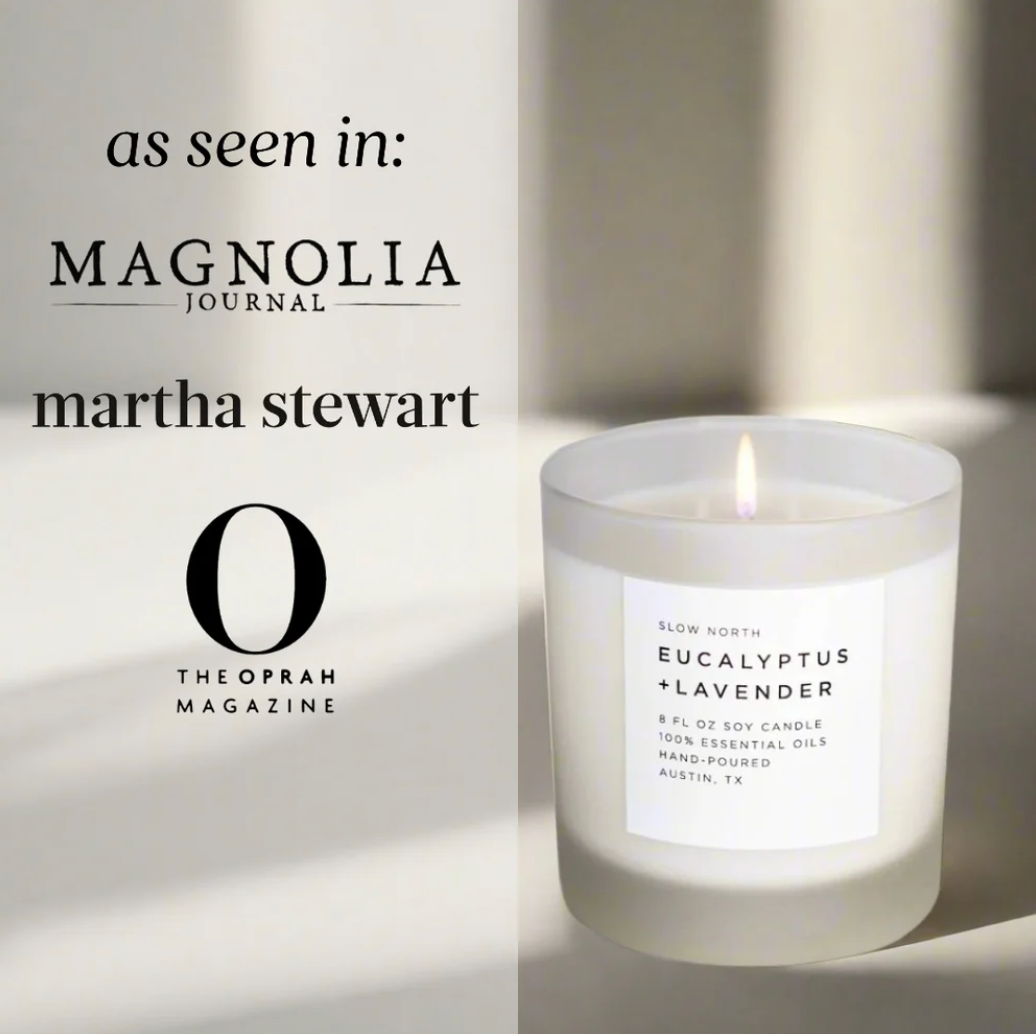 Lit Slow North eucalyptus and lavender soy candle in frosted glass with media features text