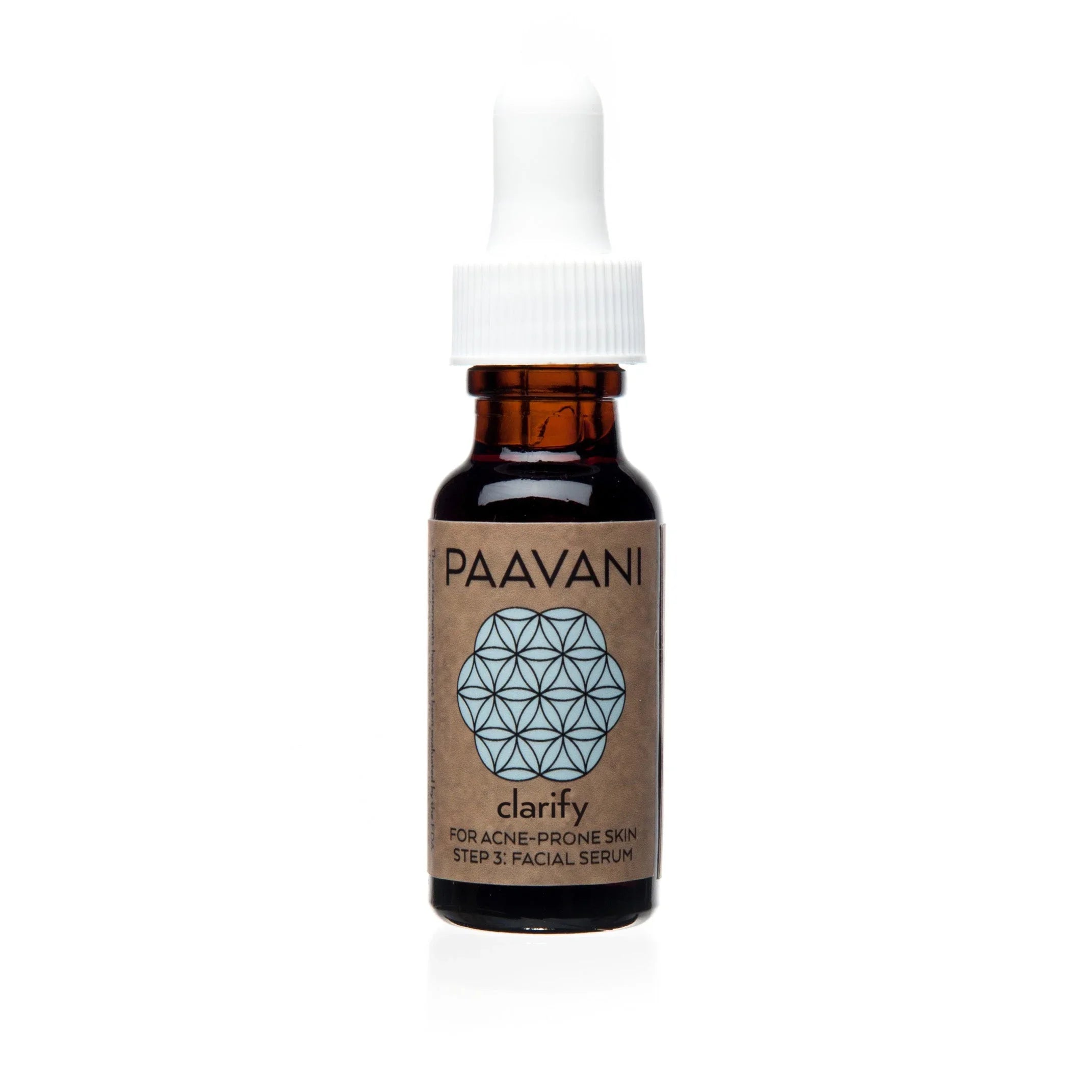 Paavani Clarify facial serum dropper bottle for acne-prone skin on white background