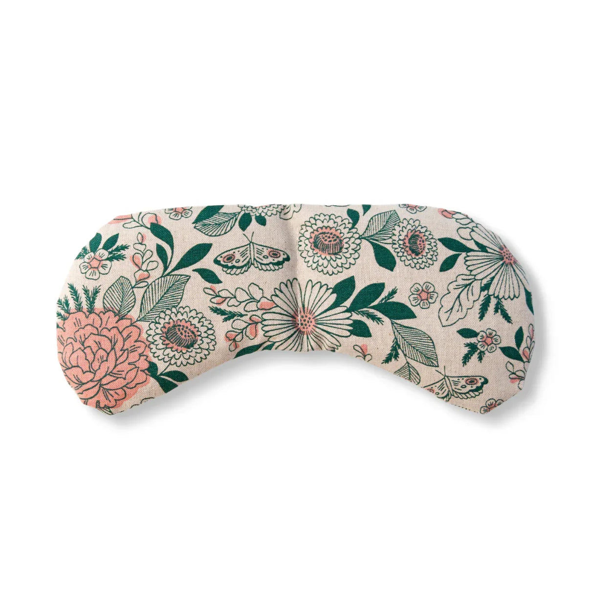 Floral patterned migraine relief mask with pink and green flowers on beige fabric