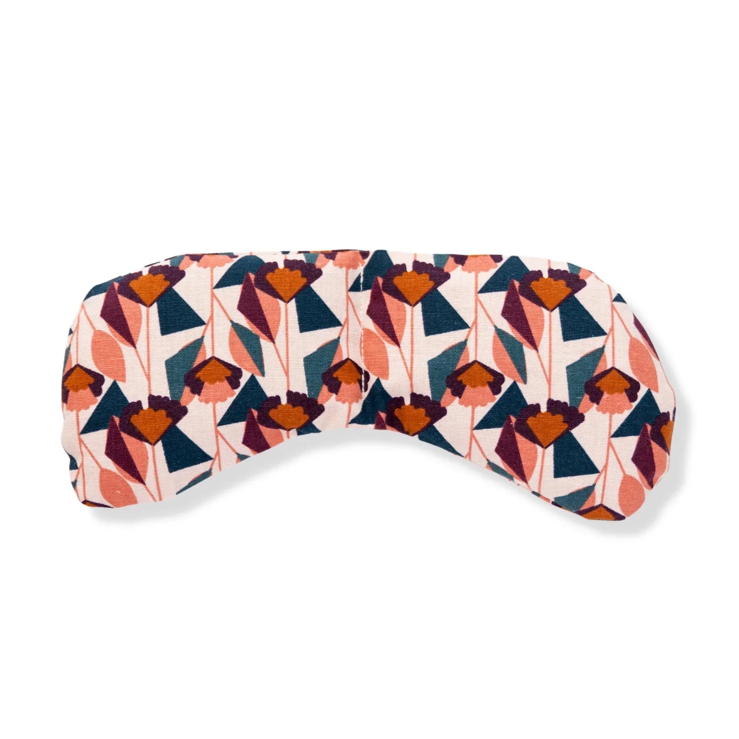Floral patterned fabric migraine eye mask with orange, purple, and teal geometric flowers
