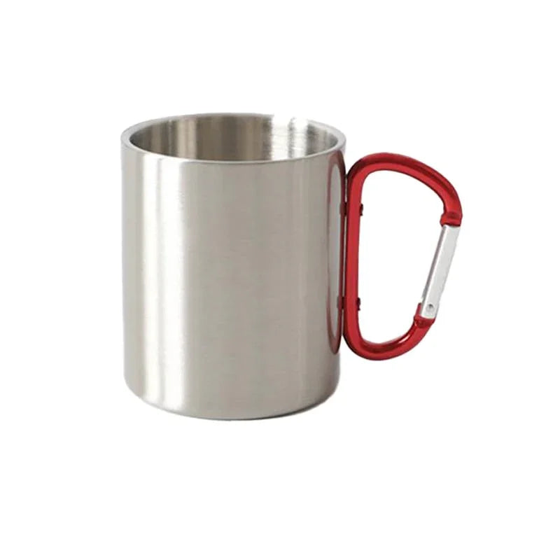 Stainless steel double wall mug with red carabiner handle, eco-friendly gift from Qu!rk Boutique