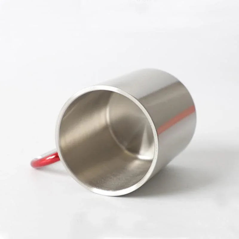 Stainless steel double wall carabiner mug with red handle on white background