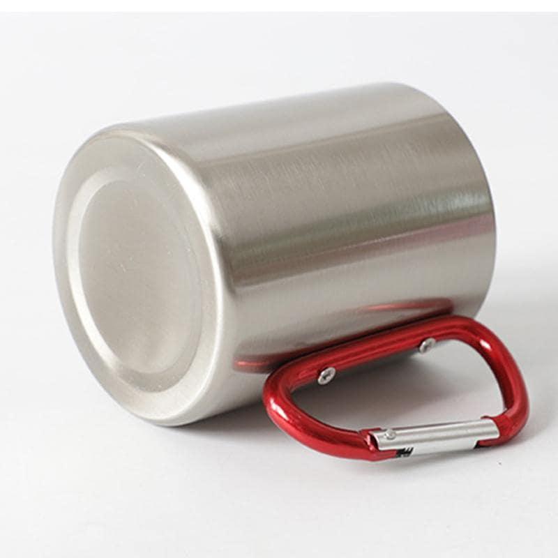 Stainless steel double wall mug with red carabiner handle, eco-friendly gift from Qu!rk Boutique
