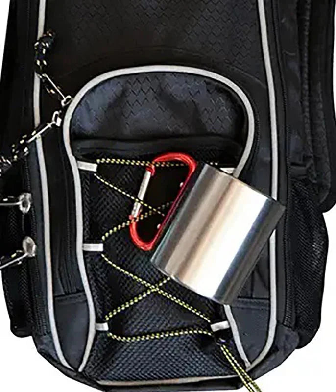 Stainless steel double wall mug with red carabiner attached to a black backpack