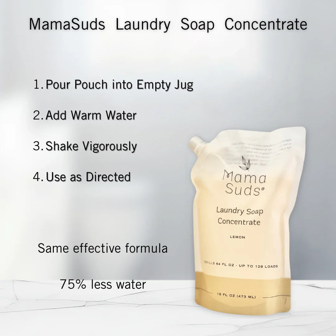 MamaSuds Laundry Soap Concentrate pouch with instructions, eco-friendly and water-saving.