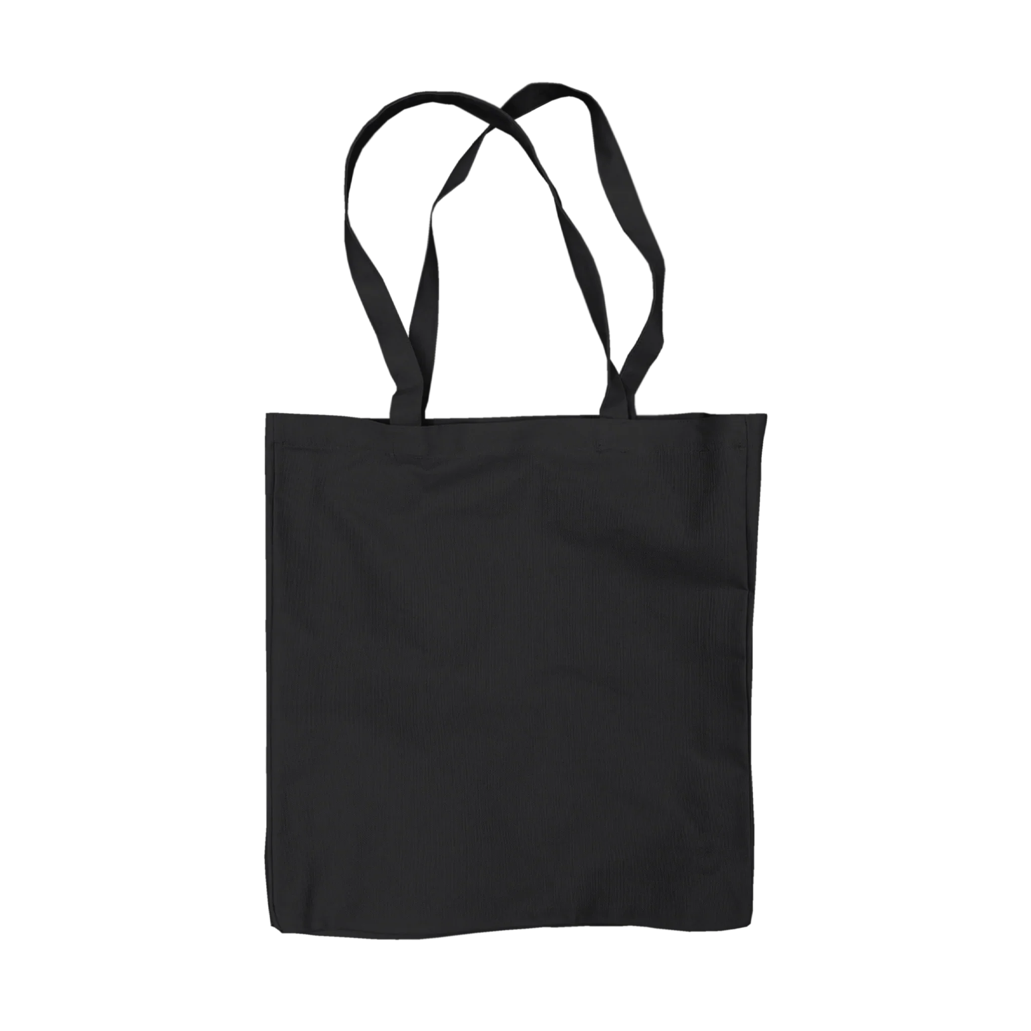 Black tote bag with dual handles on plain white background