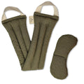 olive green fabric heat or cold pack with cream loop handles and separate small pad