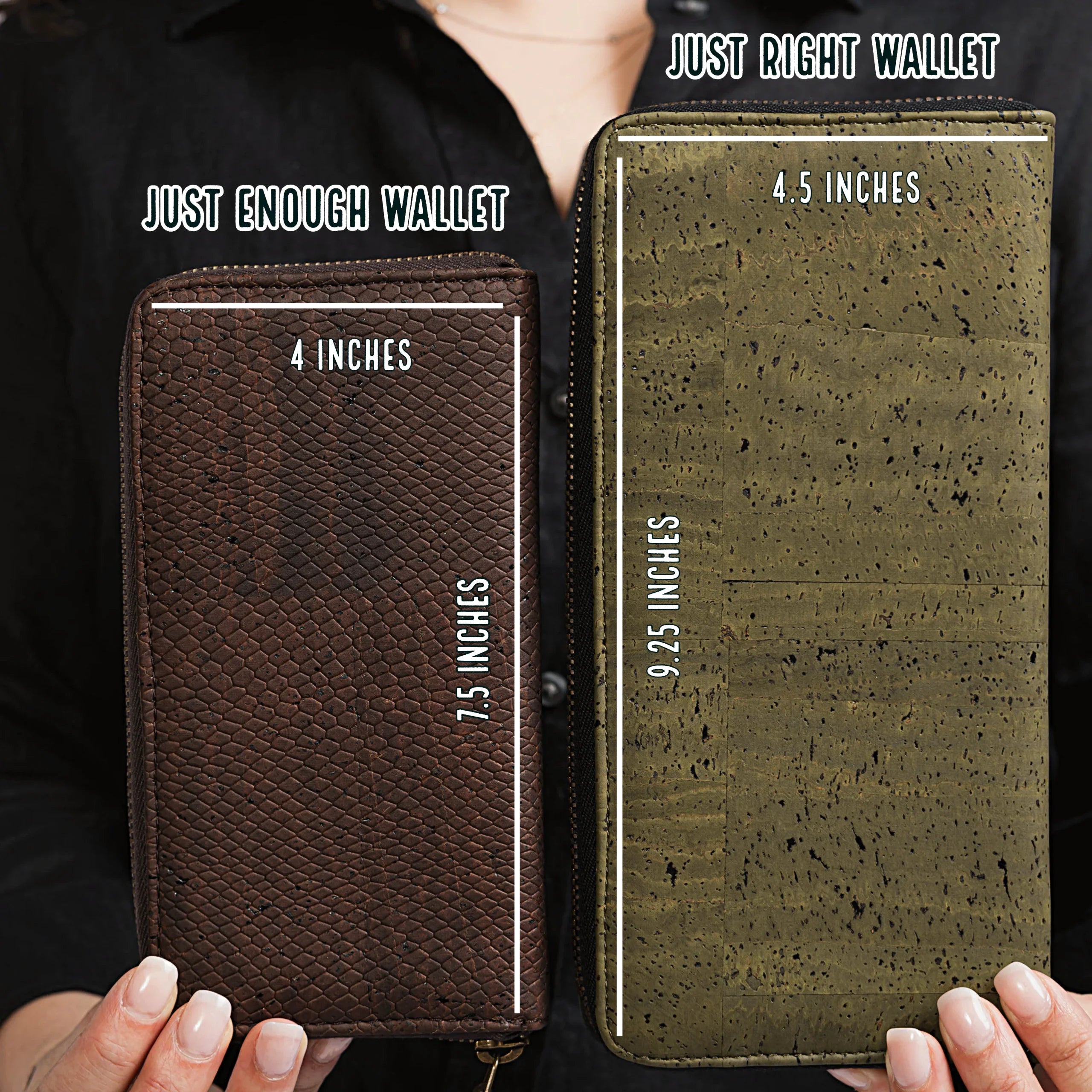 Comparison of Just Enough and Just Right wallets in brown and green cork, showing size dimensions.