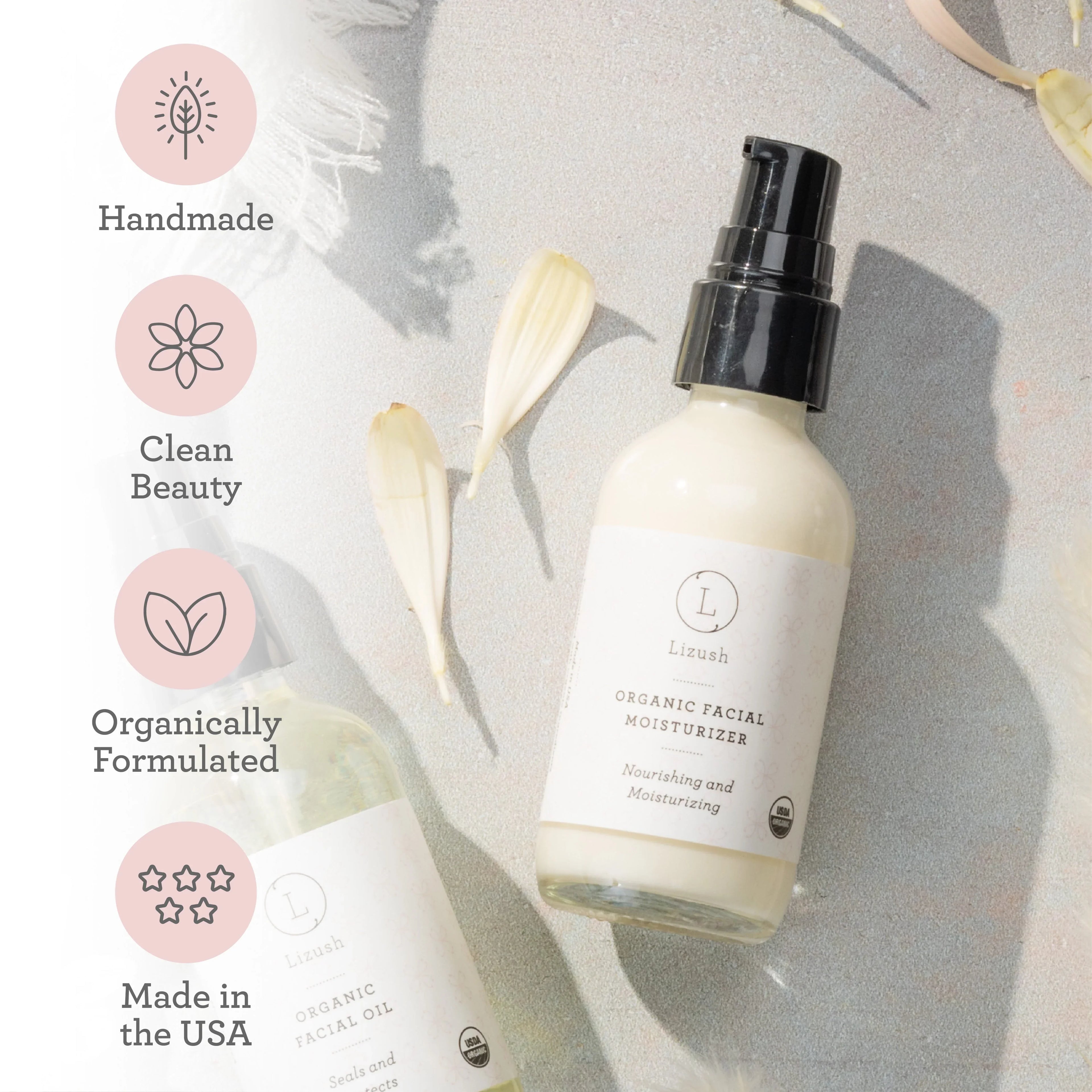 Lizush organic facial moisturizer and oil bottles with flower petals on light background, skincare essentials
