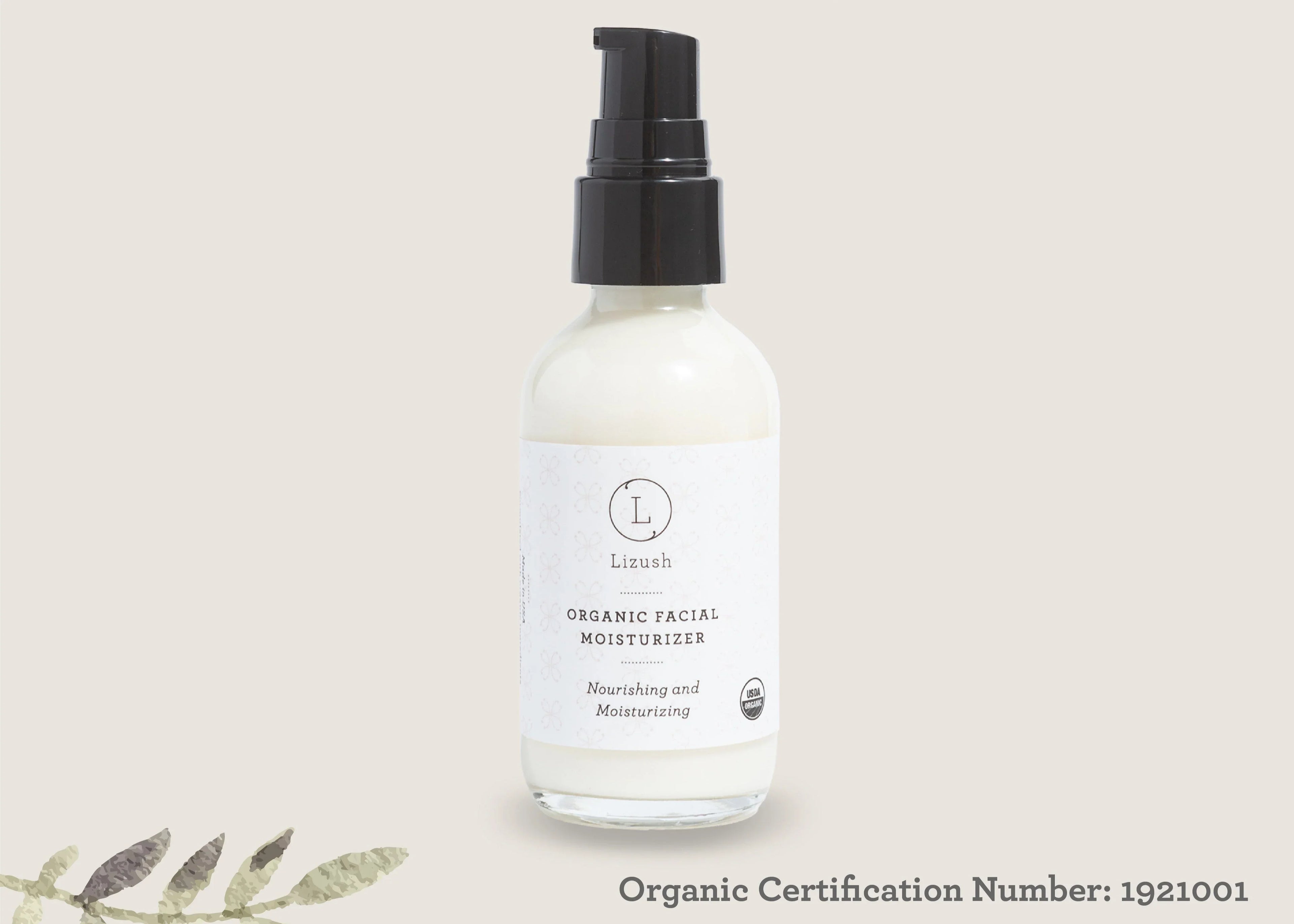 Lizush organic facial moisturizer bottle with pump on beige background, nourishing skincare