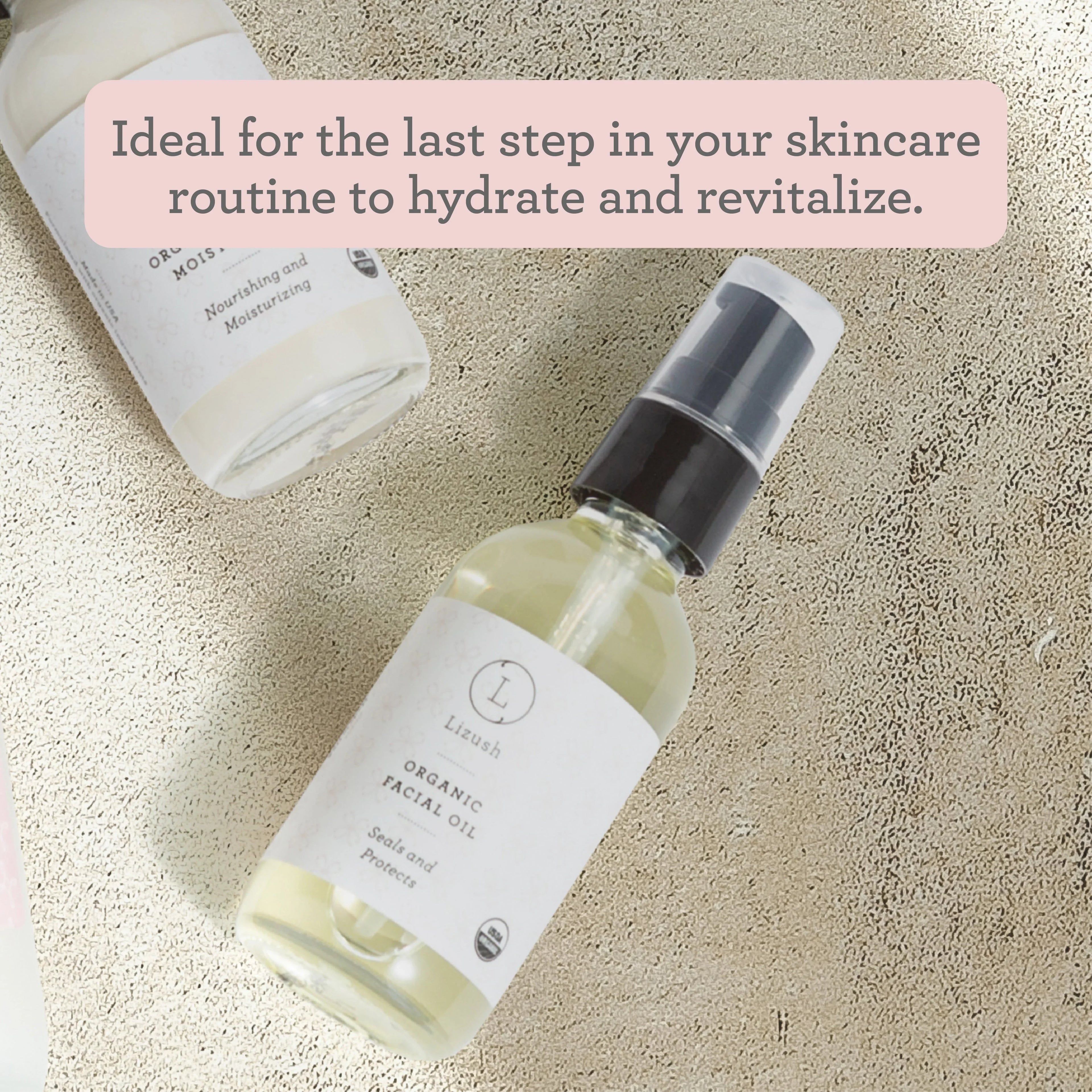 Organic facial oil bottle with pump and moisturizer on textured surface, skincare hydration and revitalizing