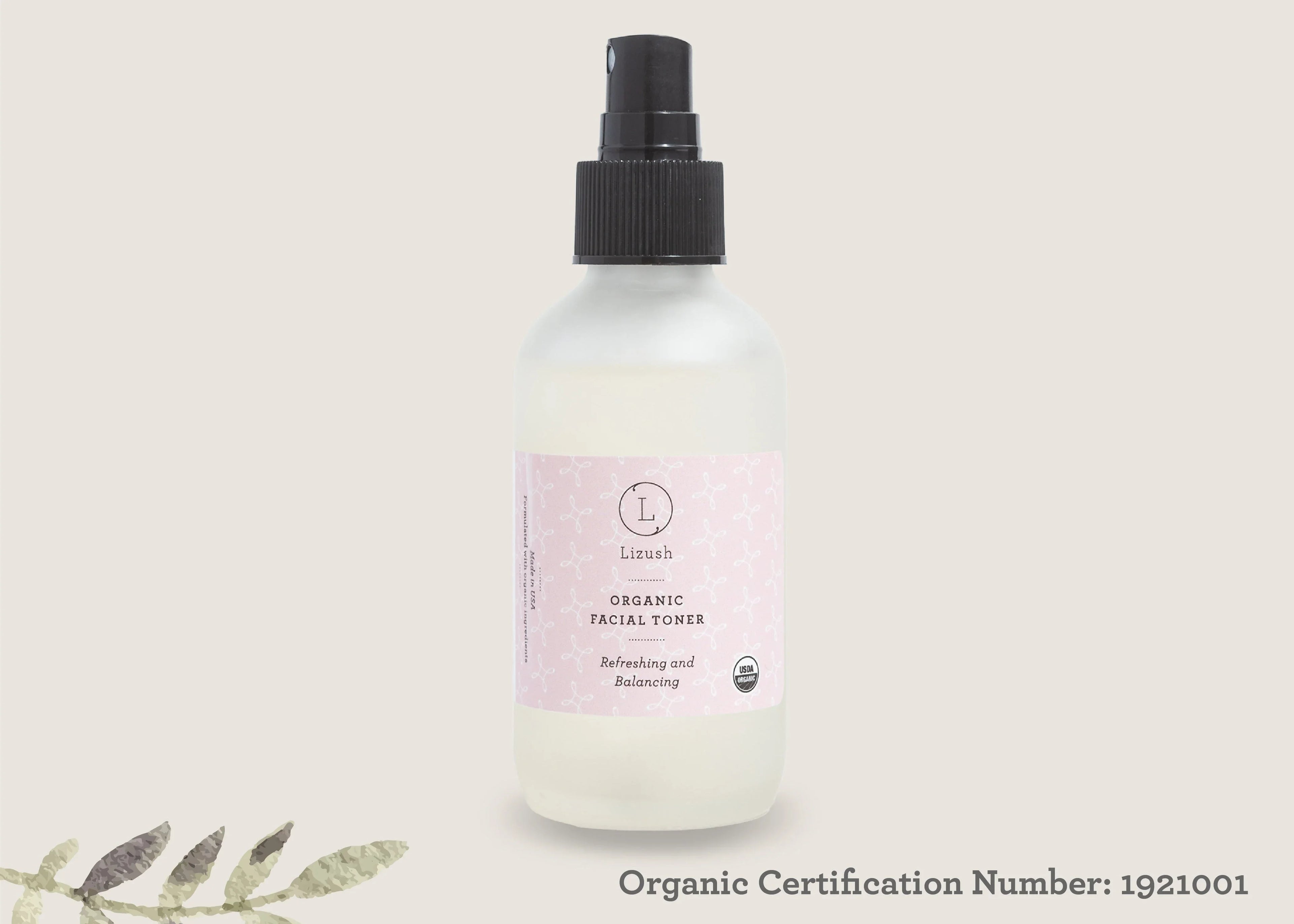 Lizush organic facial toner in spray bottle with pink label and USDA organic seal