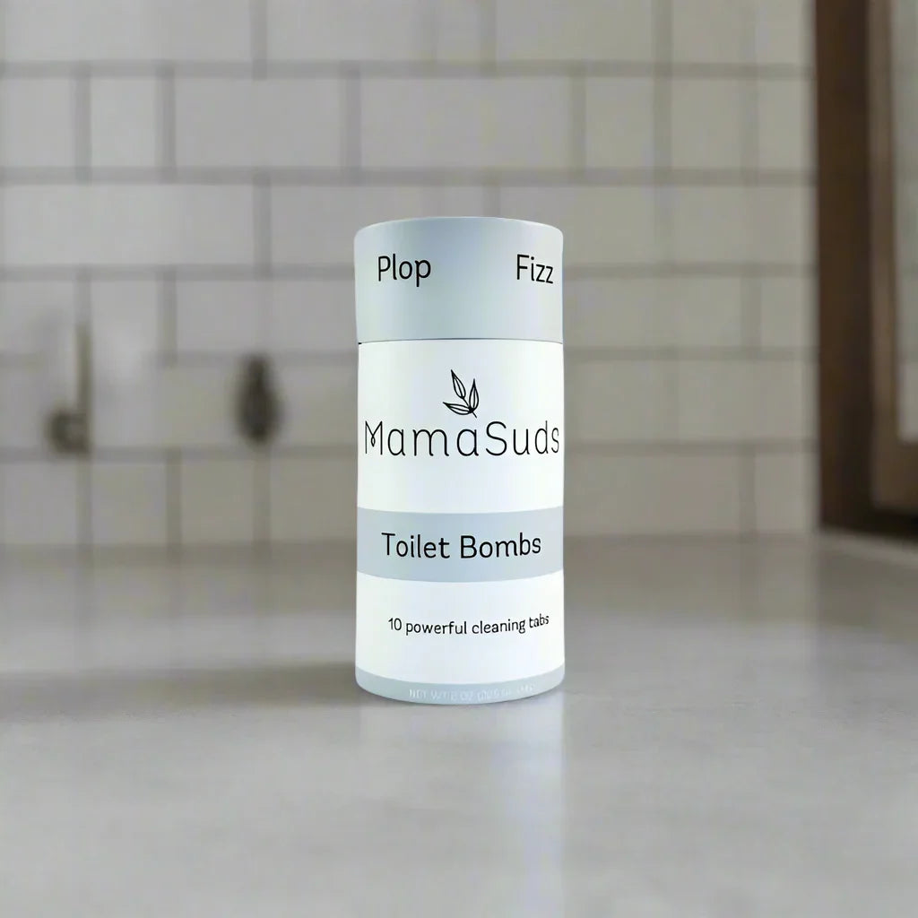 MamaSuds Toilet Bombs eco-friendly cleaner on tile bathroom countertop at Qu!rk Boutique